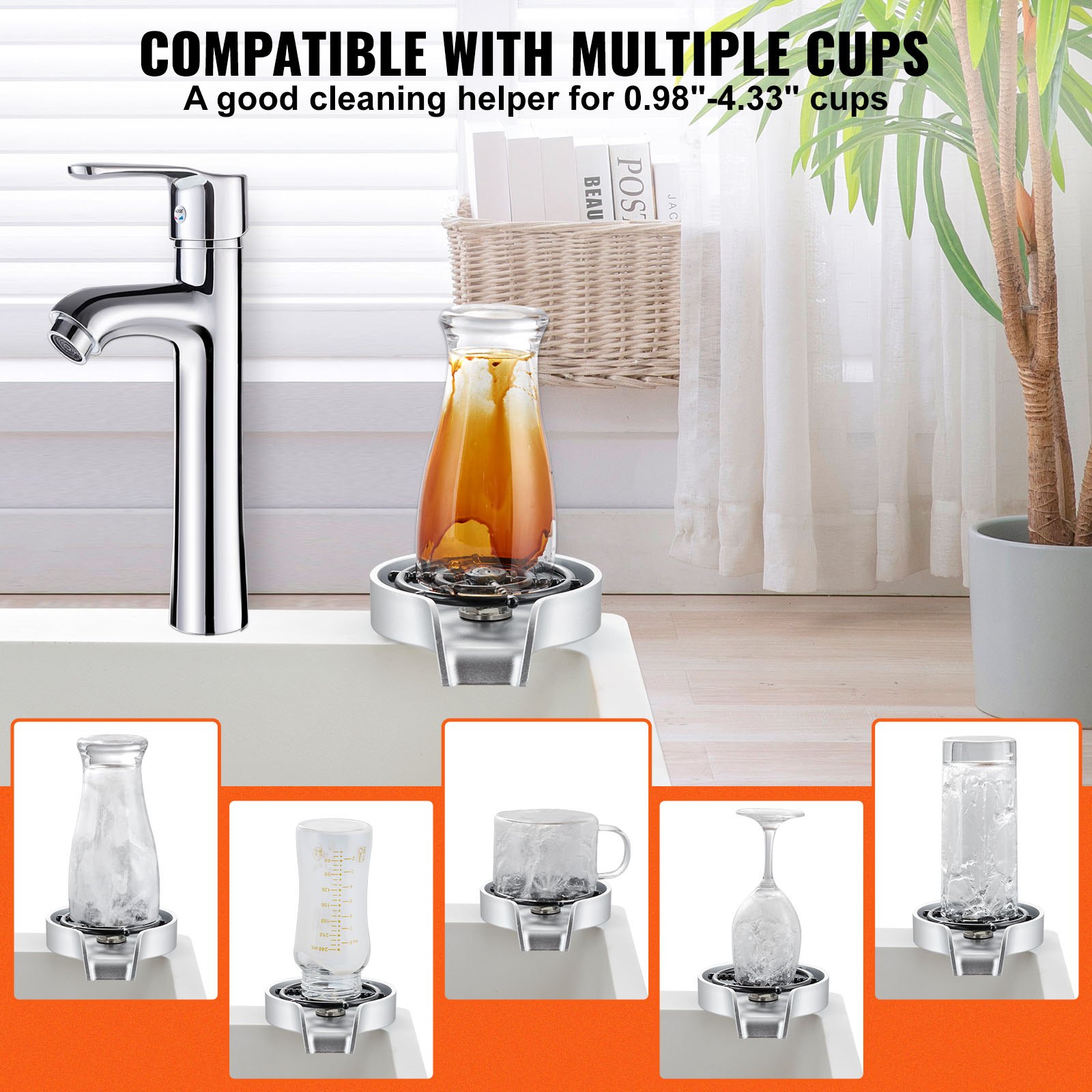 VEVOR glass rinser demonstrating multiple cup compatibility with a sink faucet and various glass types.