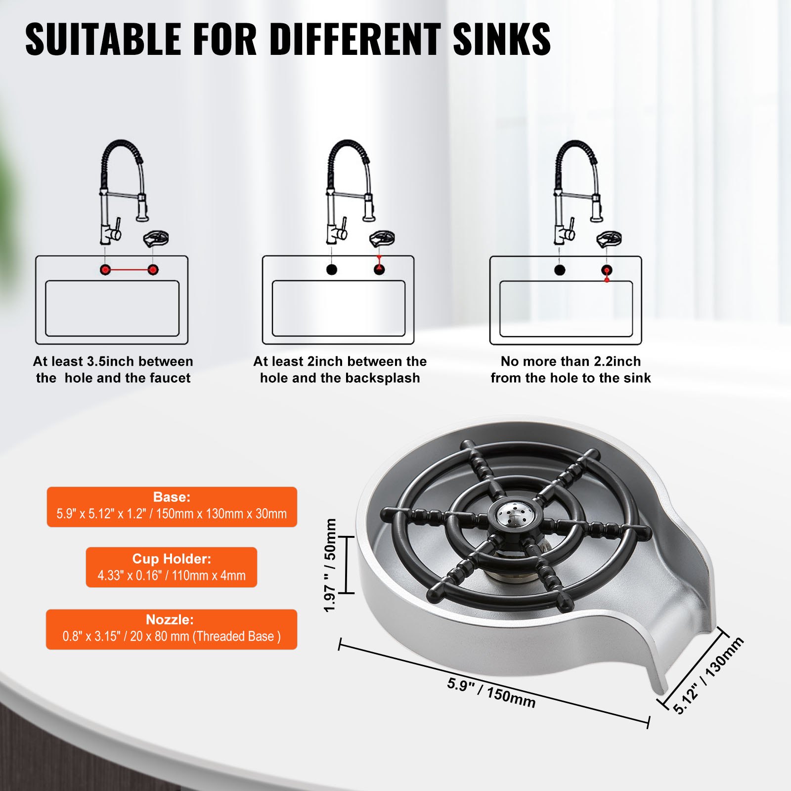 VEVOR glass rinser dimensions and installation instructions for various sink configurations.