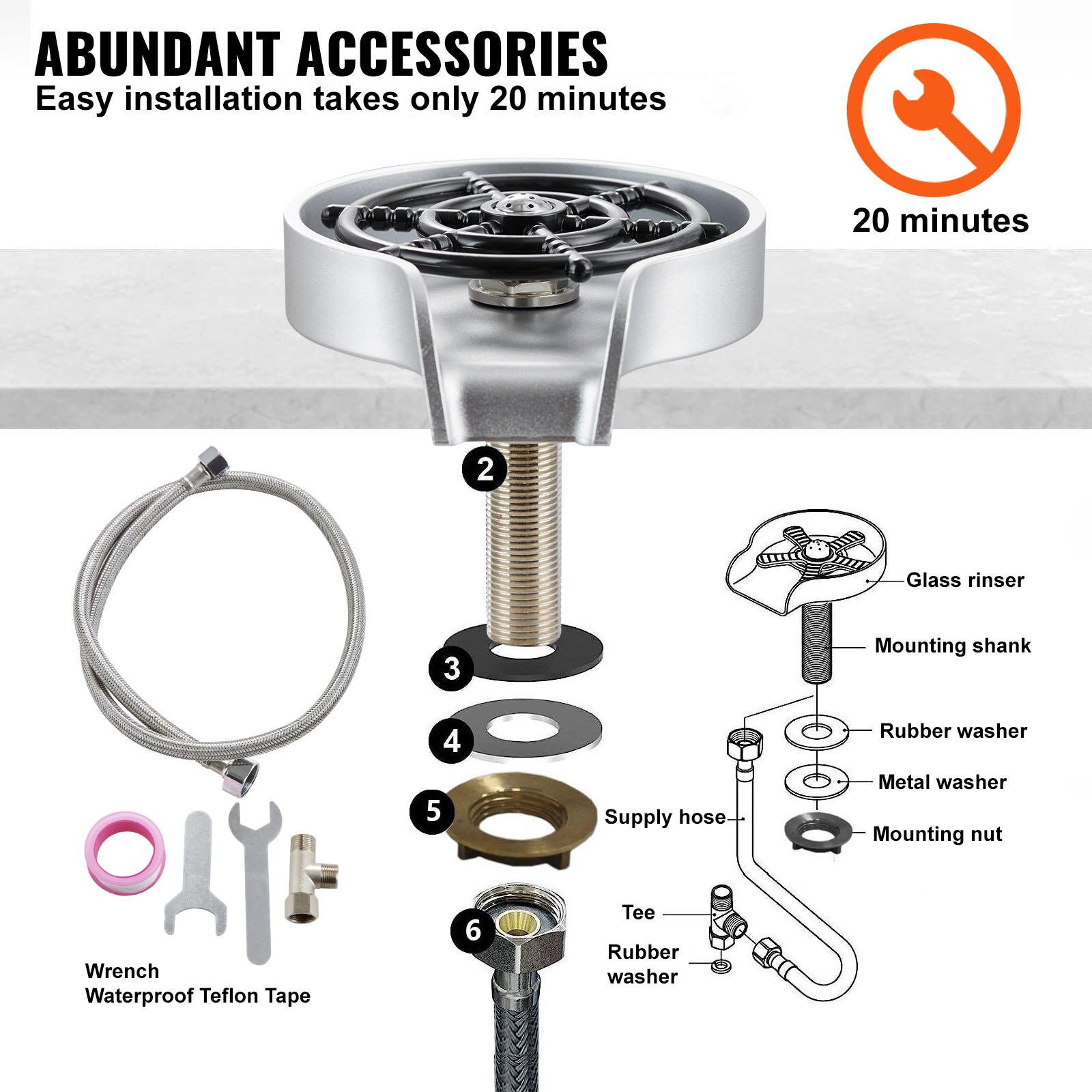 VEVOR glass rinser installation kit with accessories including wrench, supply hose, and mounting parts.