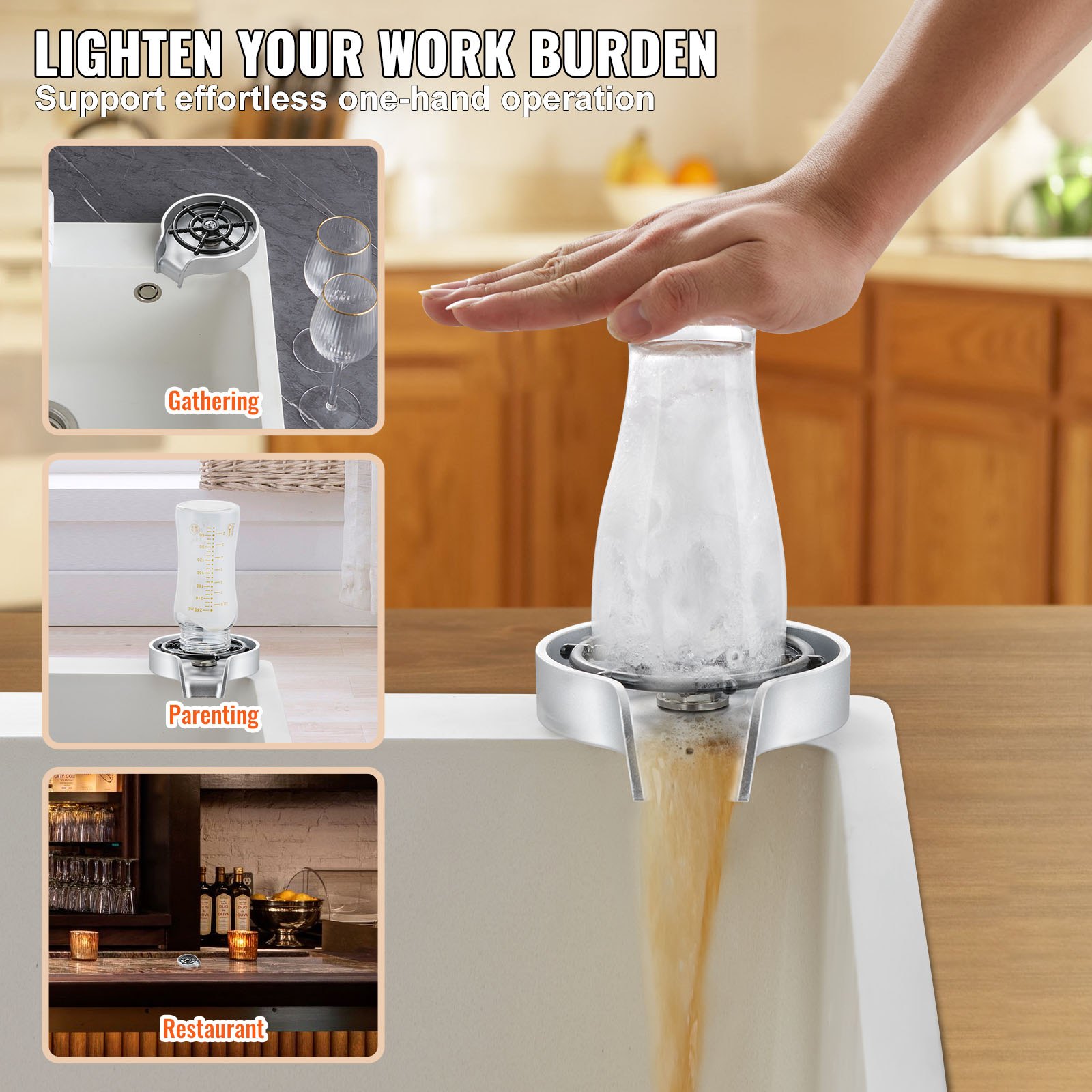hand using the VEVOR glass rinser to clean a bottle. perfect for home gatherings, parenting, and restaurants.