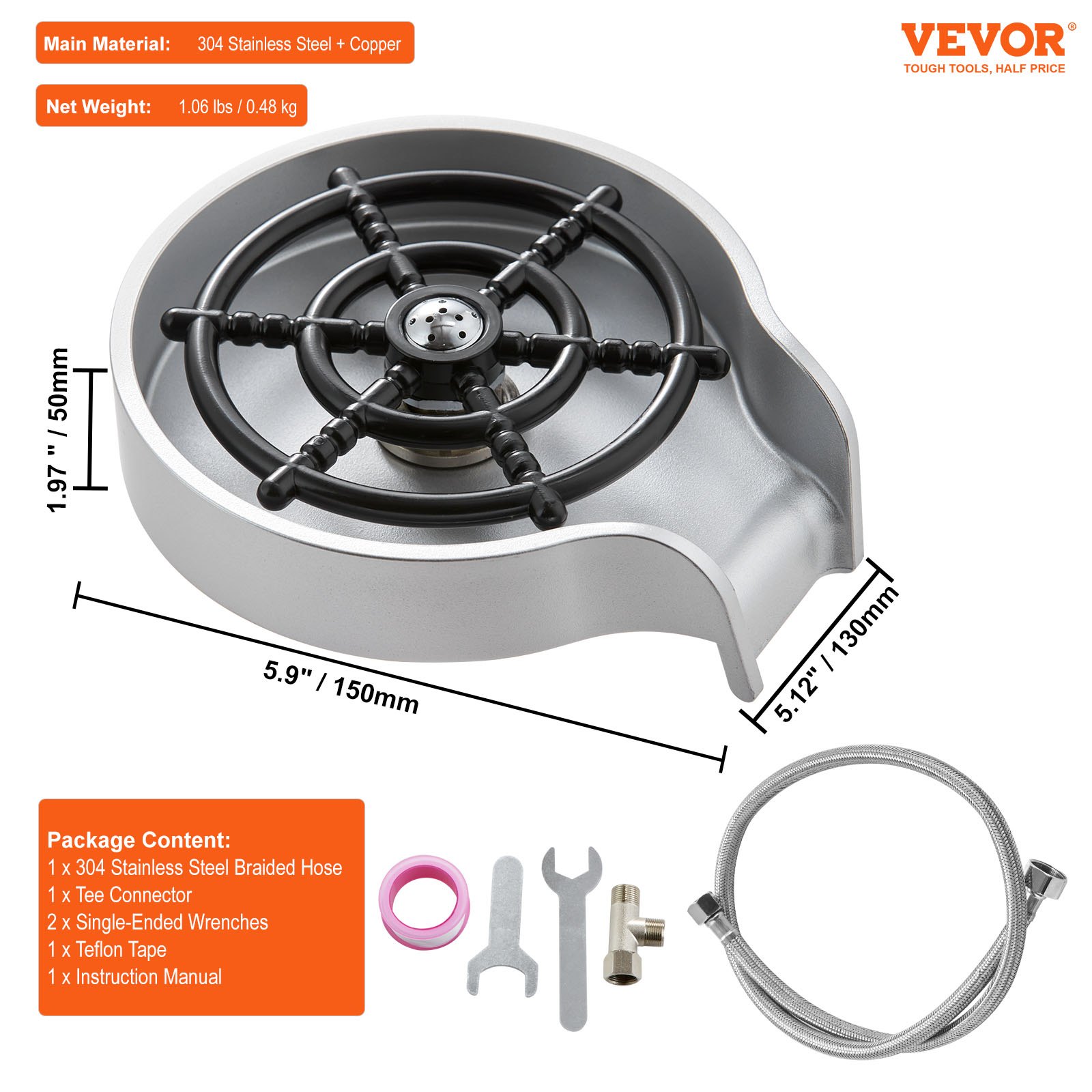VEVOR glass rinser, stainless steel and copper finish, includes stainless braided hose and tools.