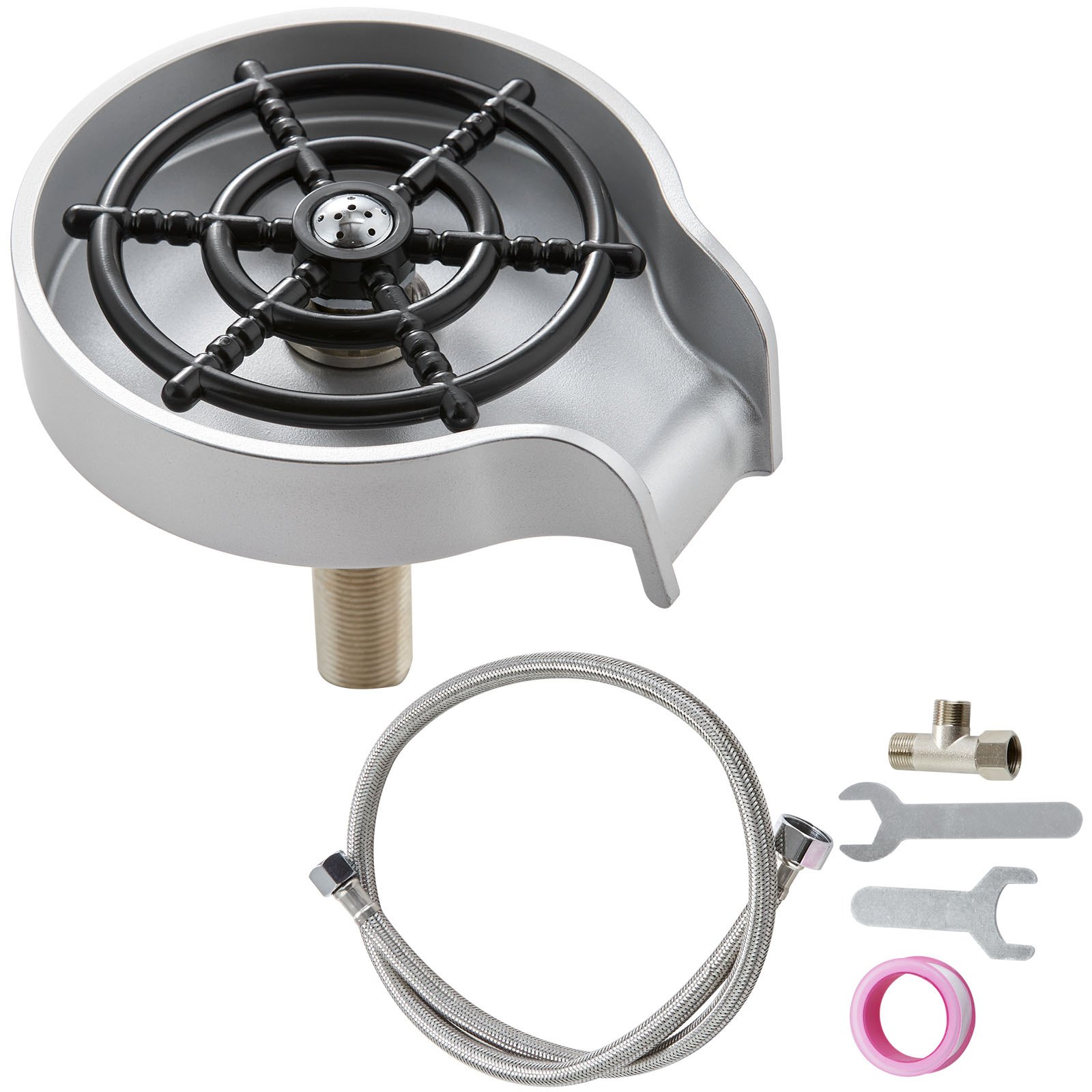 VEVOR glass rinser with metal attachments, hose, and tools for installation.