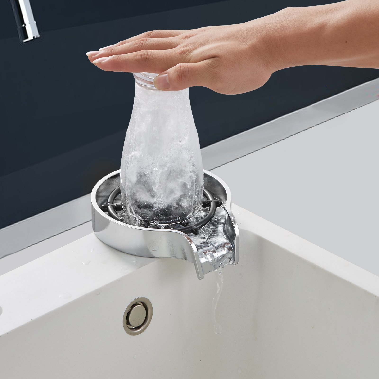 VEVOR Glass Rinser, 10 Powerful Spraying Jets 360° Rotating Cup Rinser for Sink, Wearproof ABS Kitchen Sink Faucet Cup Washer & ABS Cup Holder for Baby Bottle, Glass Cup, Wine Glass(Silver Grey Base)