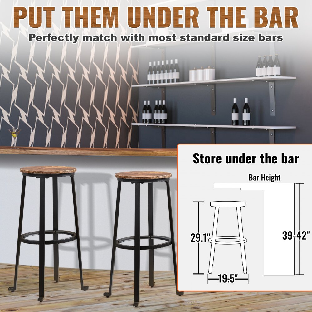 VEVOR Rustic Bar Stools Counter Height Round Bar Chairs with Footrest 29" 2 Set