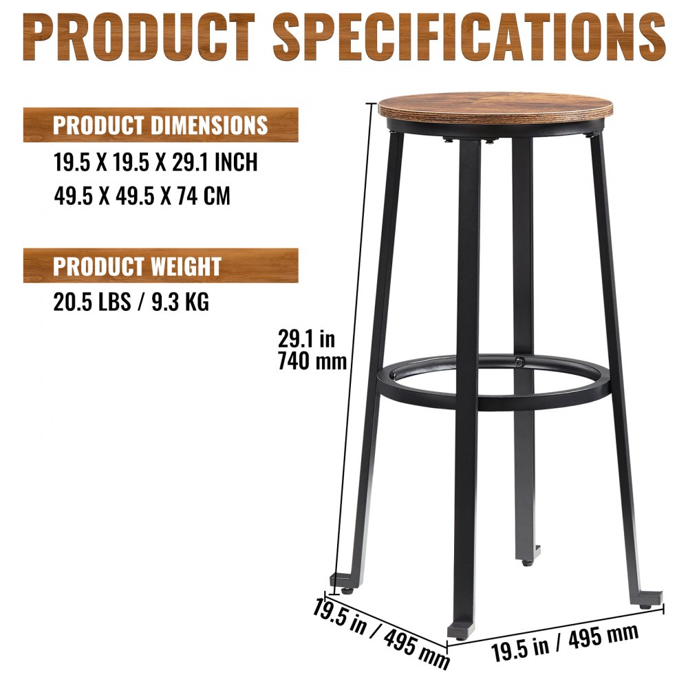 VEVOR Rustic Bar Stools Counter Height Round Bar Chairs with Footrest 29" 2 Set