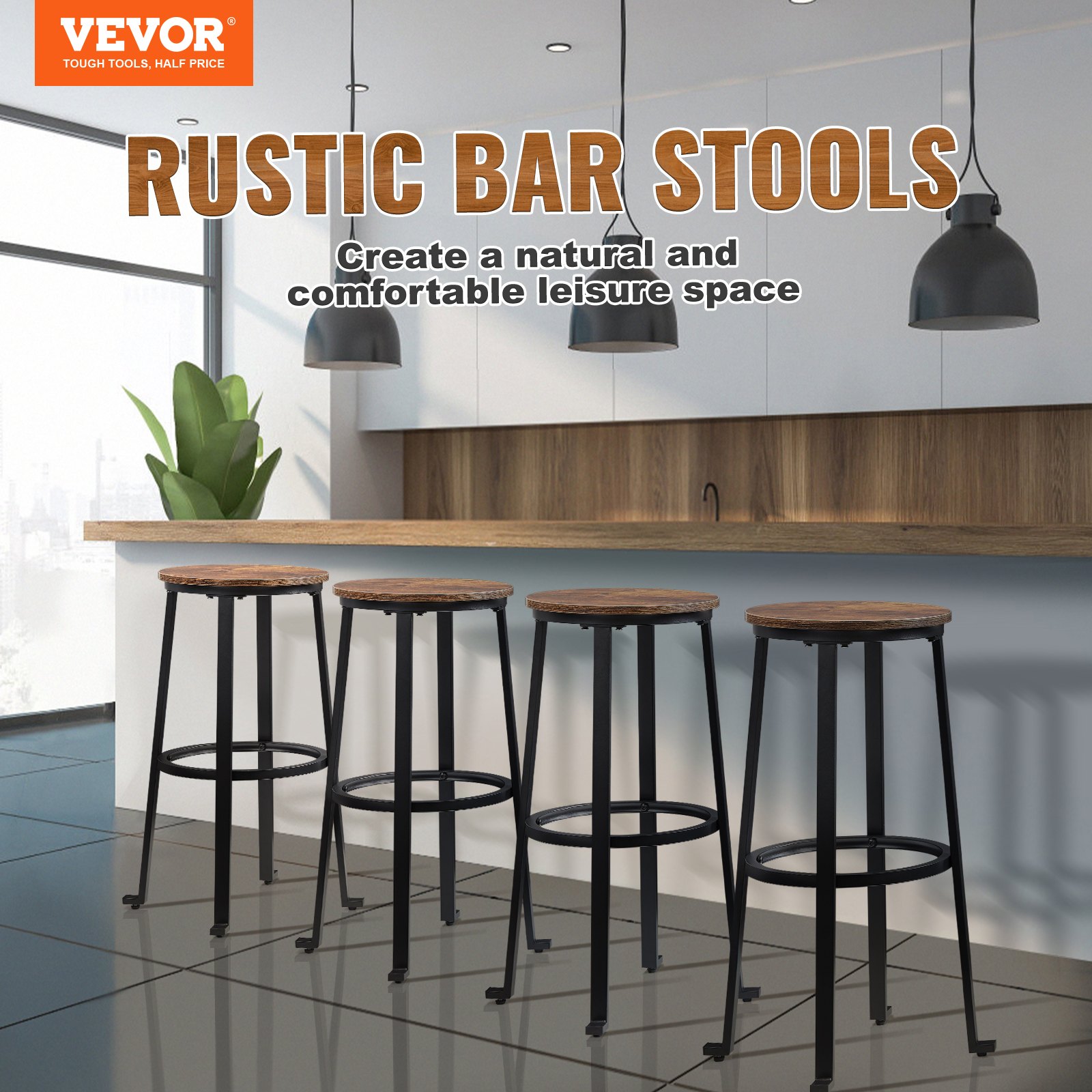 VEVOR Rustic Bar Stools Counter Height Round Bar Chairs with Footrest 29" 2 Set