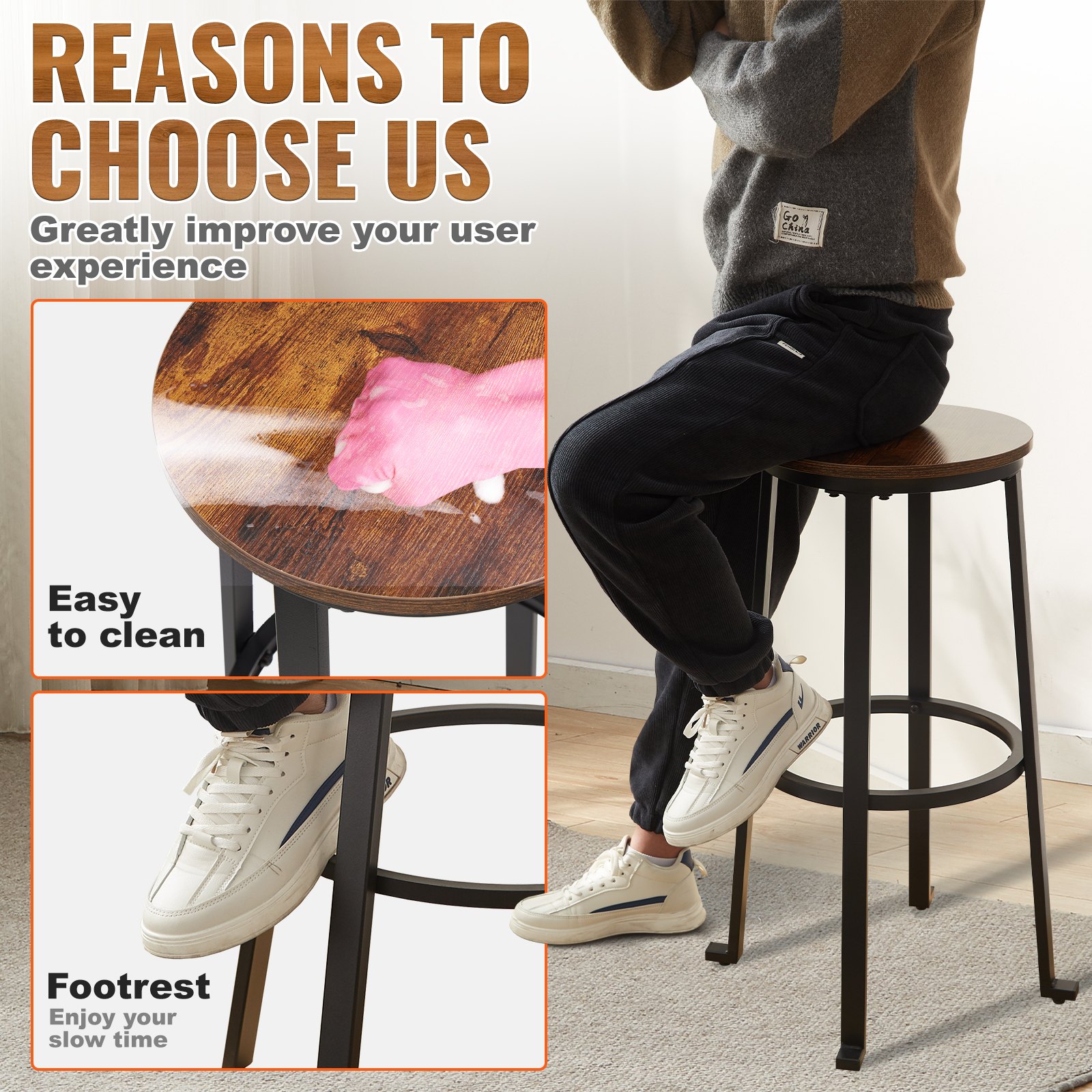 VEVOR Rustic Bar Stools Counter Height Round Bar Chairs with Footrest 29" 2 Set