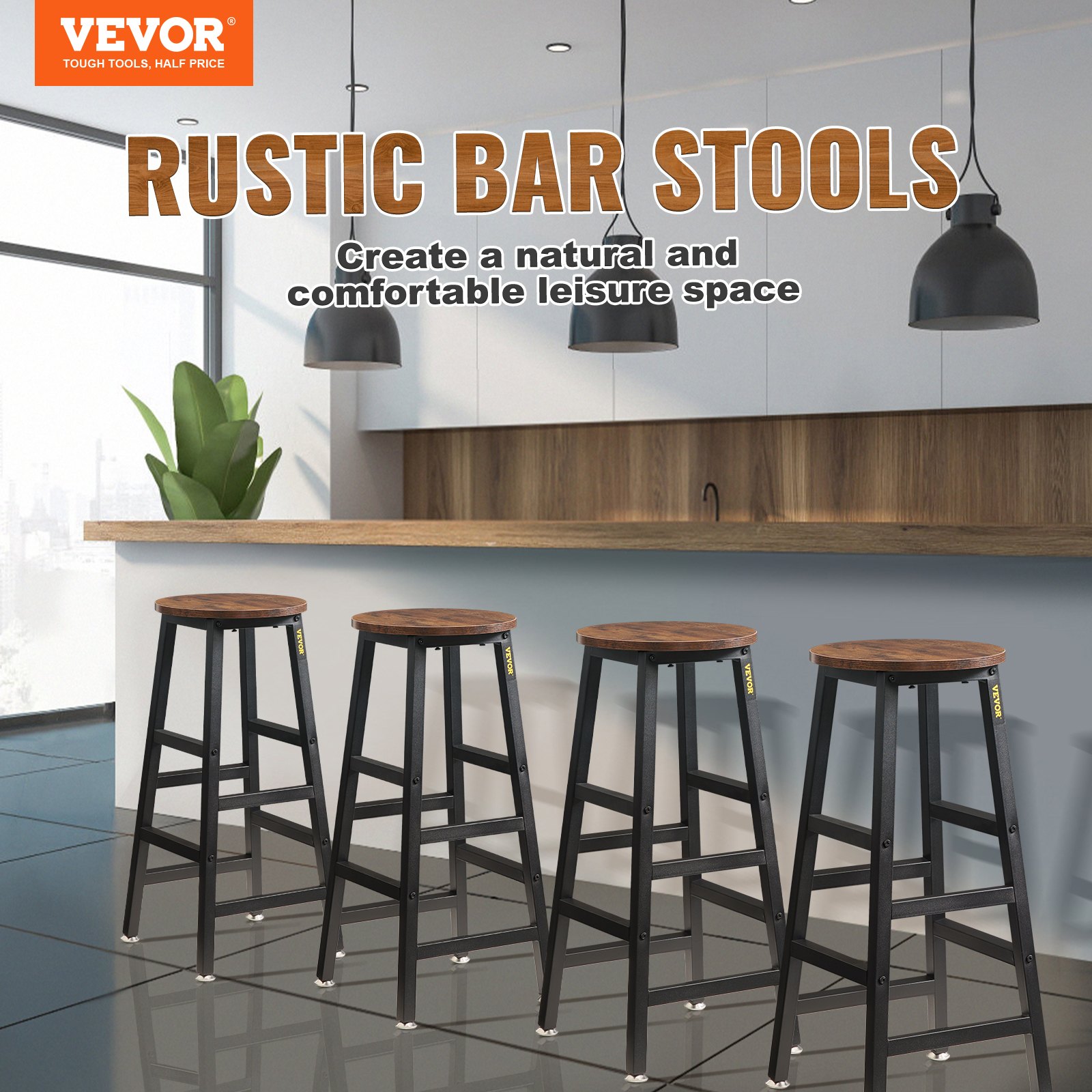 VEVOR Rustic Bar Stools 2 Set Counter Height Round Bar Chair with Footrest 27.6"