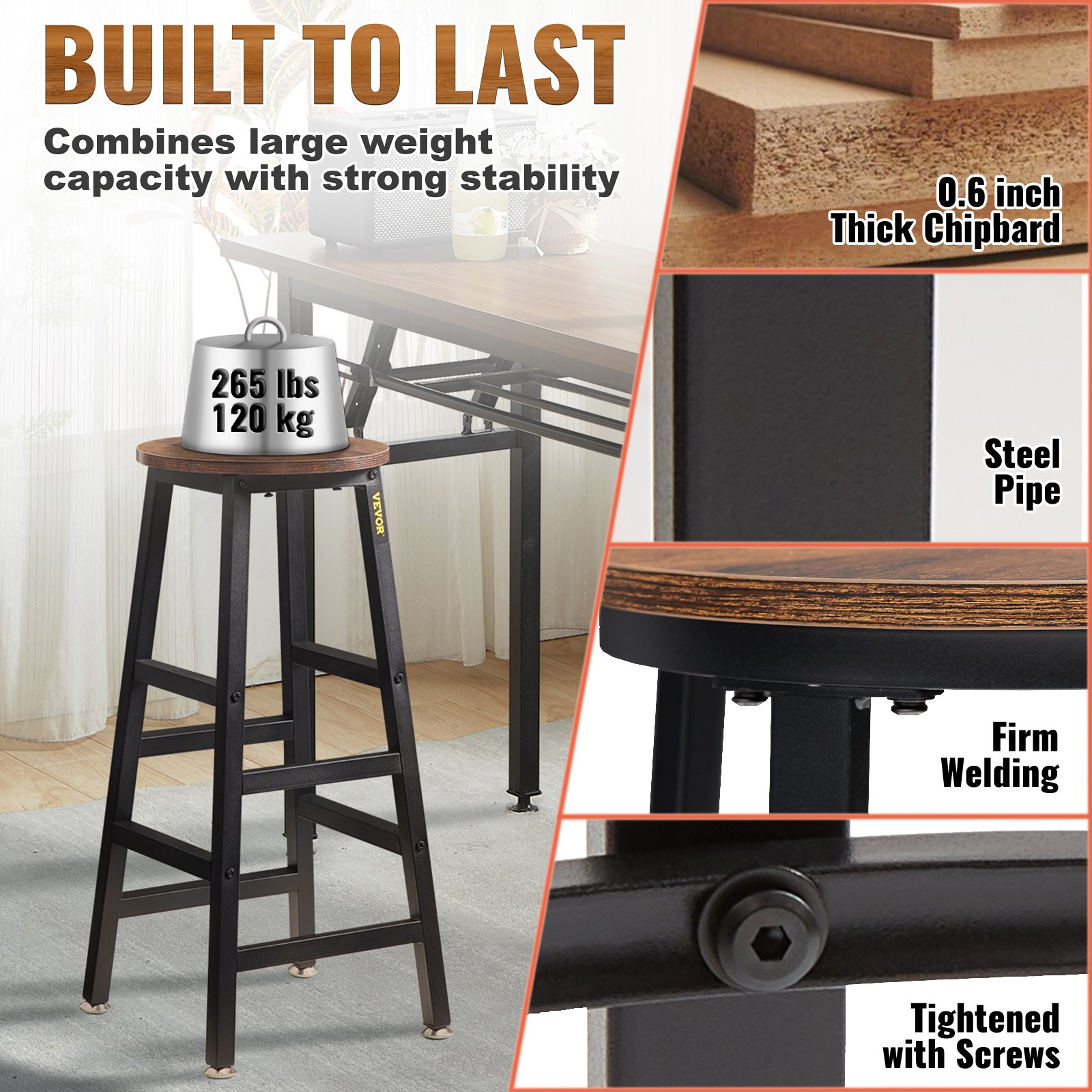 VEVOR Rustic Bar Stools 2 Set Counter Height Round Bar Chair with Footrest 27.6"