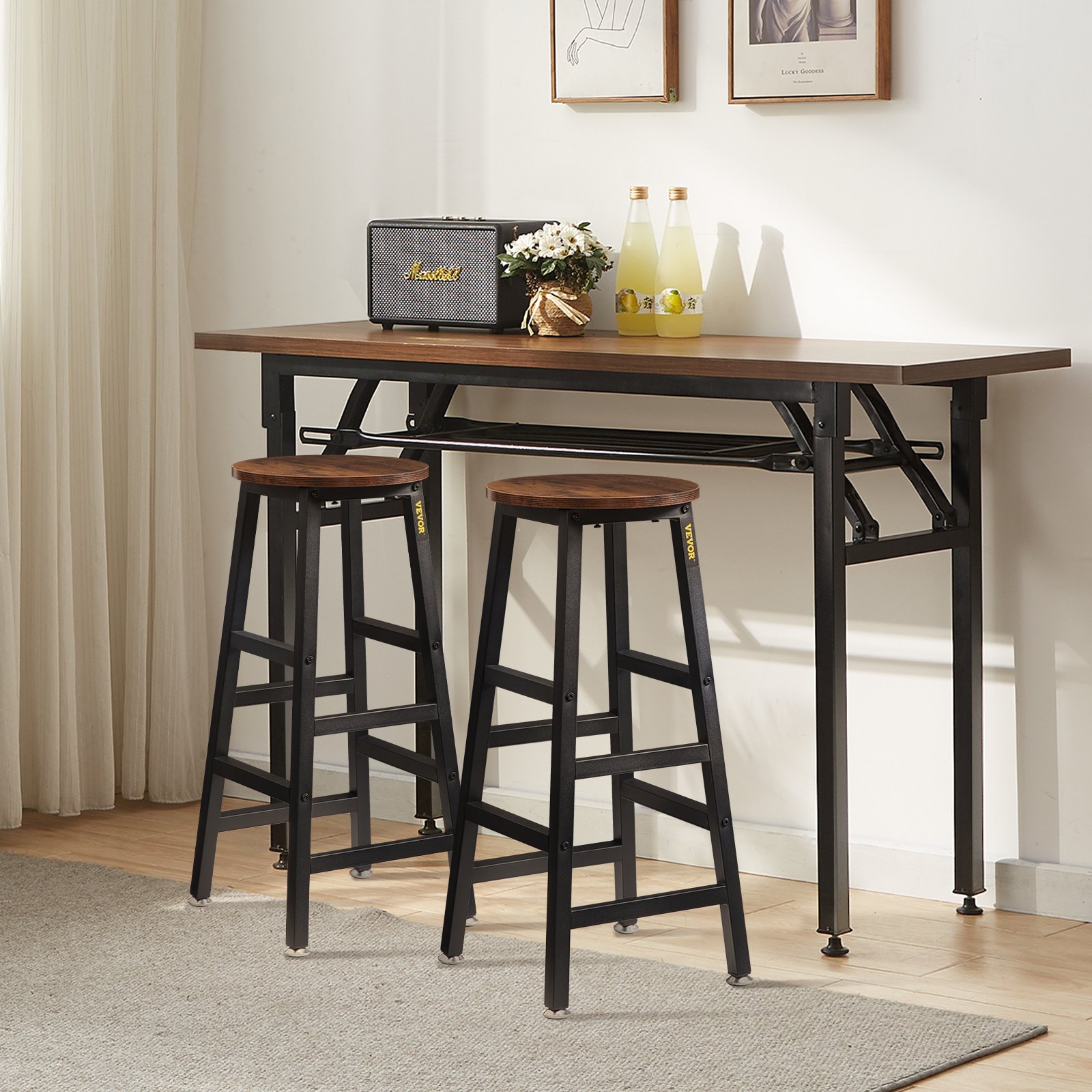 VEVOR Rustic Bar Stools 2 Set Counter Height Round Bar Chair with Footrest 27.6"