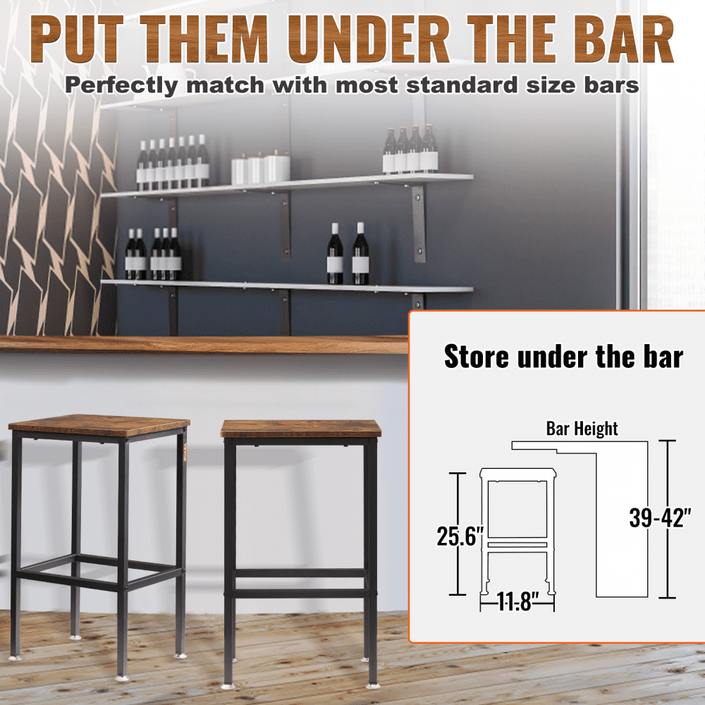 VEVOR Rustic Bar Stools 2 Set Rectangle Counter Bar Chairs with Footrest 25.6"