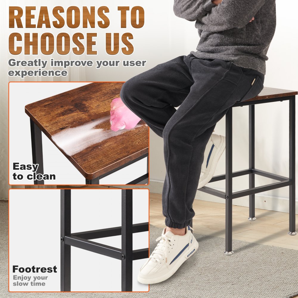 VEVOR Rustic Bar Stools 2 Set Rectangle Counter Bar Chairs with Footrest 25.6"