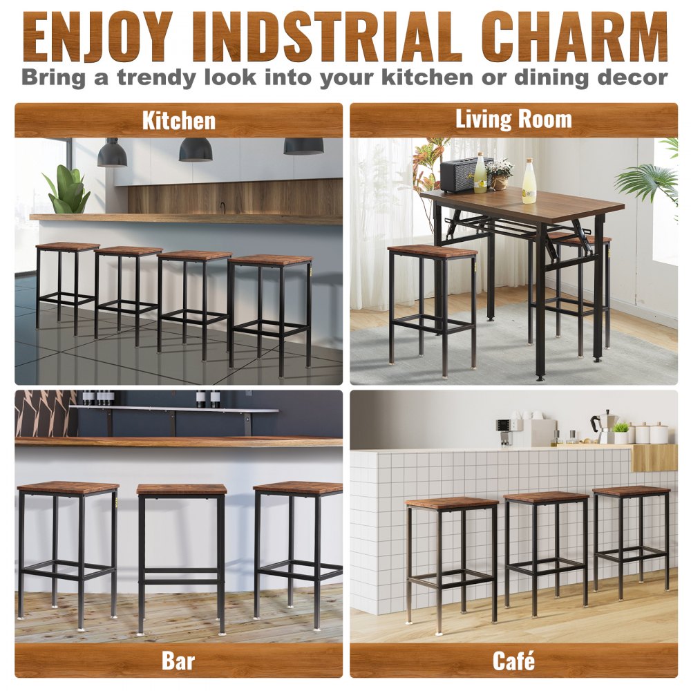 VEVOR Rustic Bar Stools 2 Set Rectangle Counter Bar Chairs with Footrest 25.6"