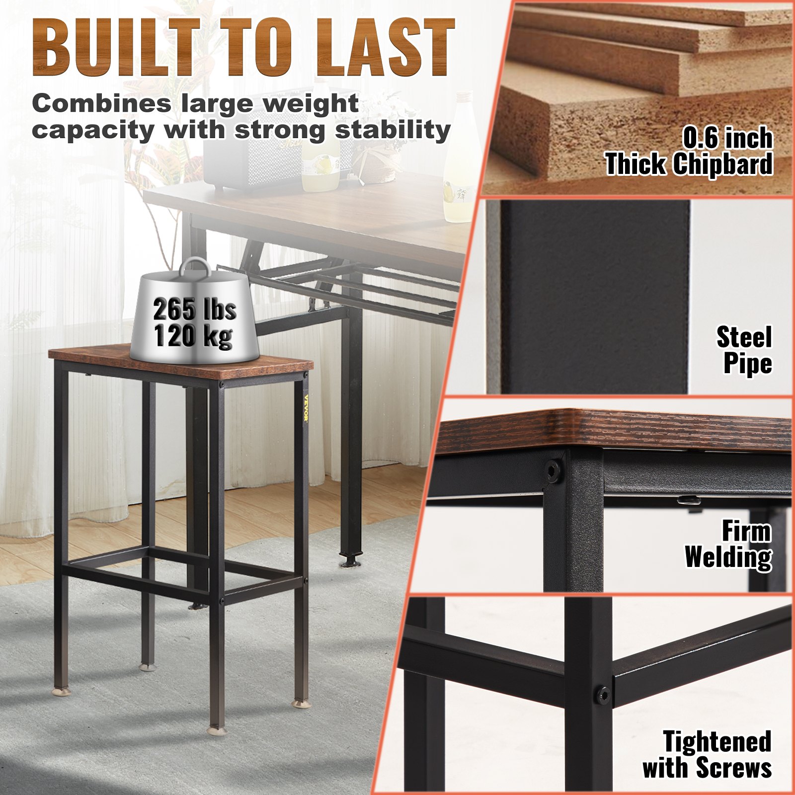 VEVOR Rustic Bar Stools 2 Set Rectangle Counter Bar Chairs with Footrest 25.6"