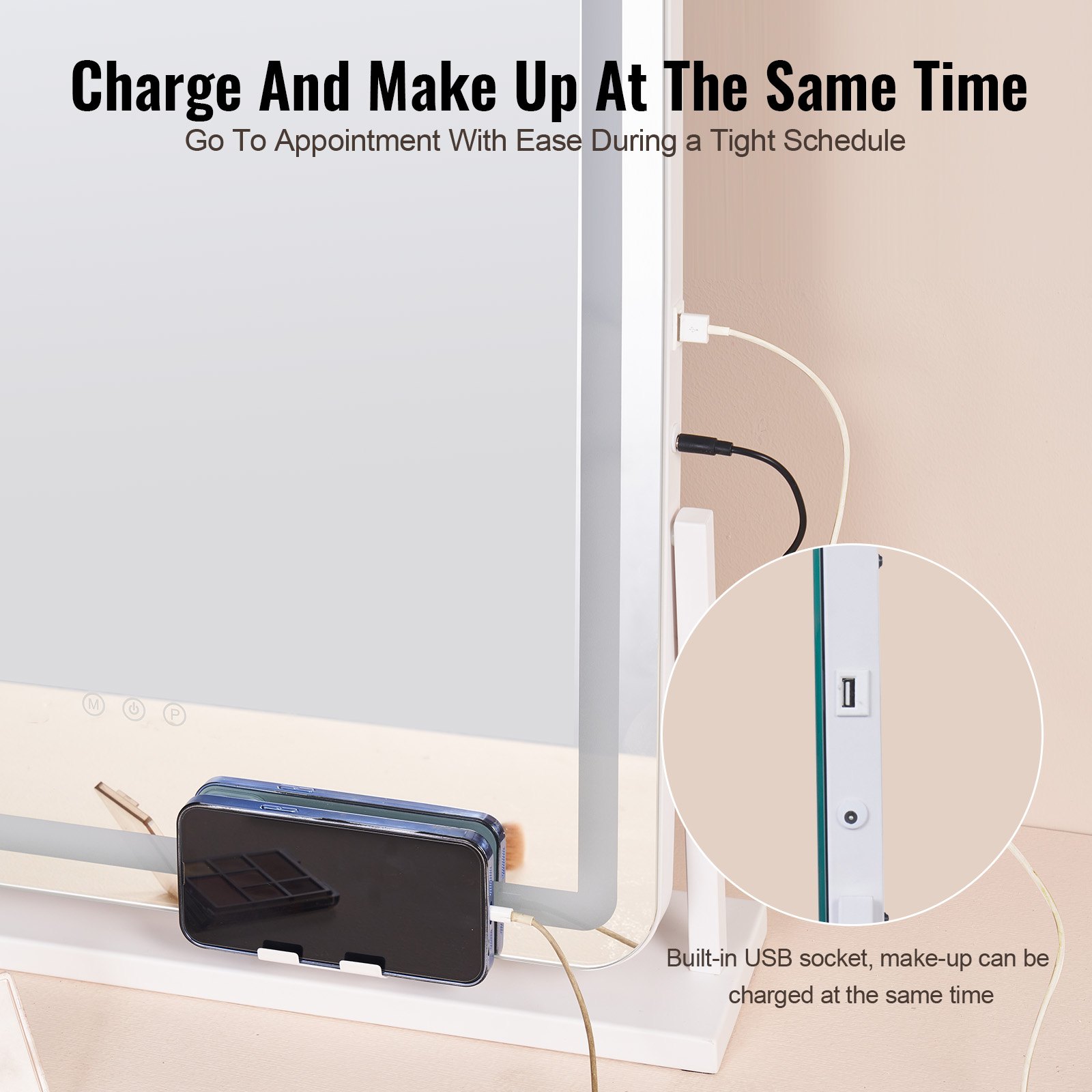 VEVOR Vanity Mirror with Lights, Three Color Lighting Modes, Lighted Makeup LED Mirror, and 5X Magnification,USB Port, Smart Touch Control, 360°Rotation (21.7x17.7 in, White)