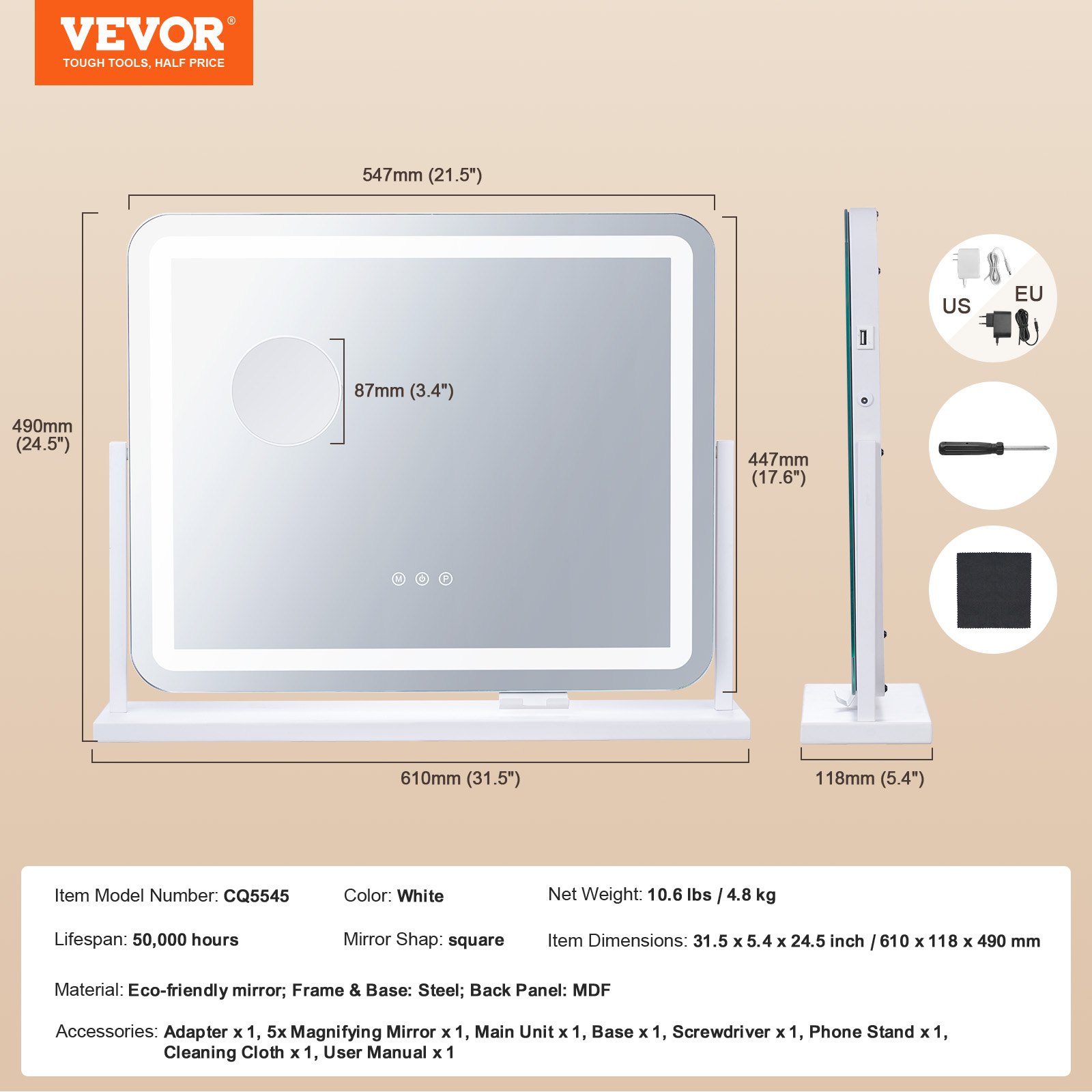 VEVOR Vanity Mirror with Lights, Three Color Lighting Modes, Lighted Makeup LED Mirror, and 5X Magnification,USB Port, Smart Touch Control, 360°Rotation (21.7x17.7 in, White)