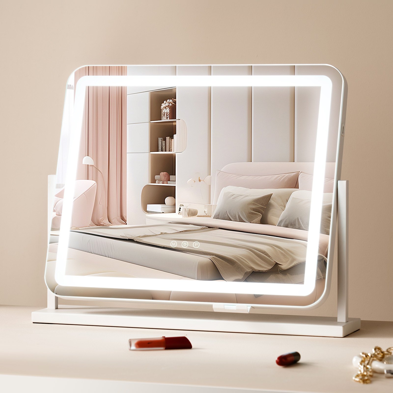 VEVOR Vanity Mirror with Lights, Three Color Lighting Modes, Lighted Makeup LED Mirror, and 5X Magnification,USB Port, Smart Touch Control, 360°Rotation (21.7x17.7 in, White)