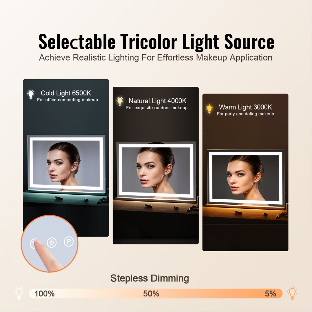 VEVOR Lighted Makeup Mirror 3 Color Vanity w/ USB Desktop Wall-mount 80x55.1 cm