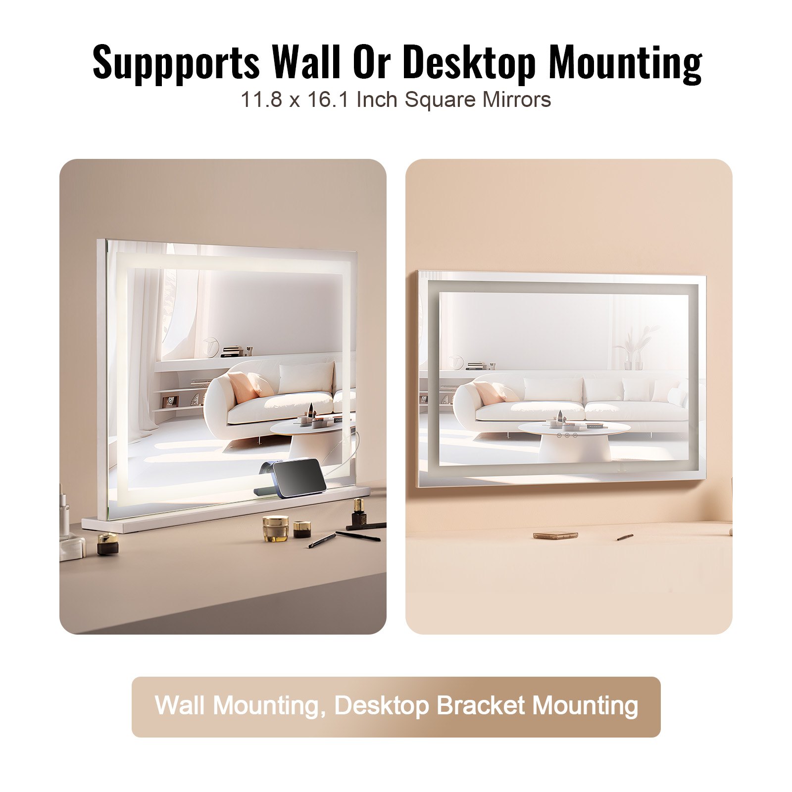 VEVOR Lighted Makeup Mirror 3 Color Vanity w/ USB Desktop Wall-mount 80x55.1 cm