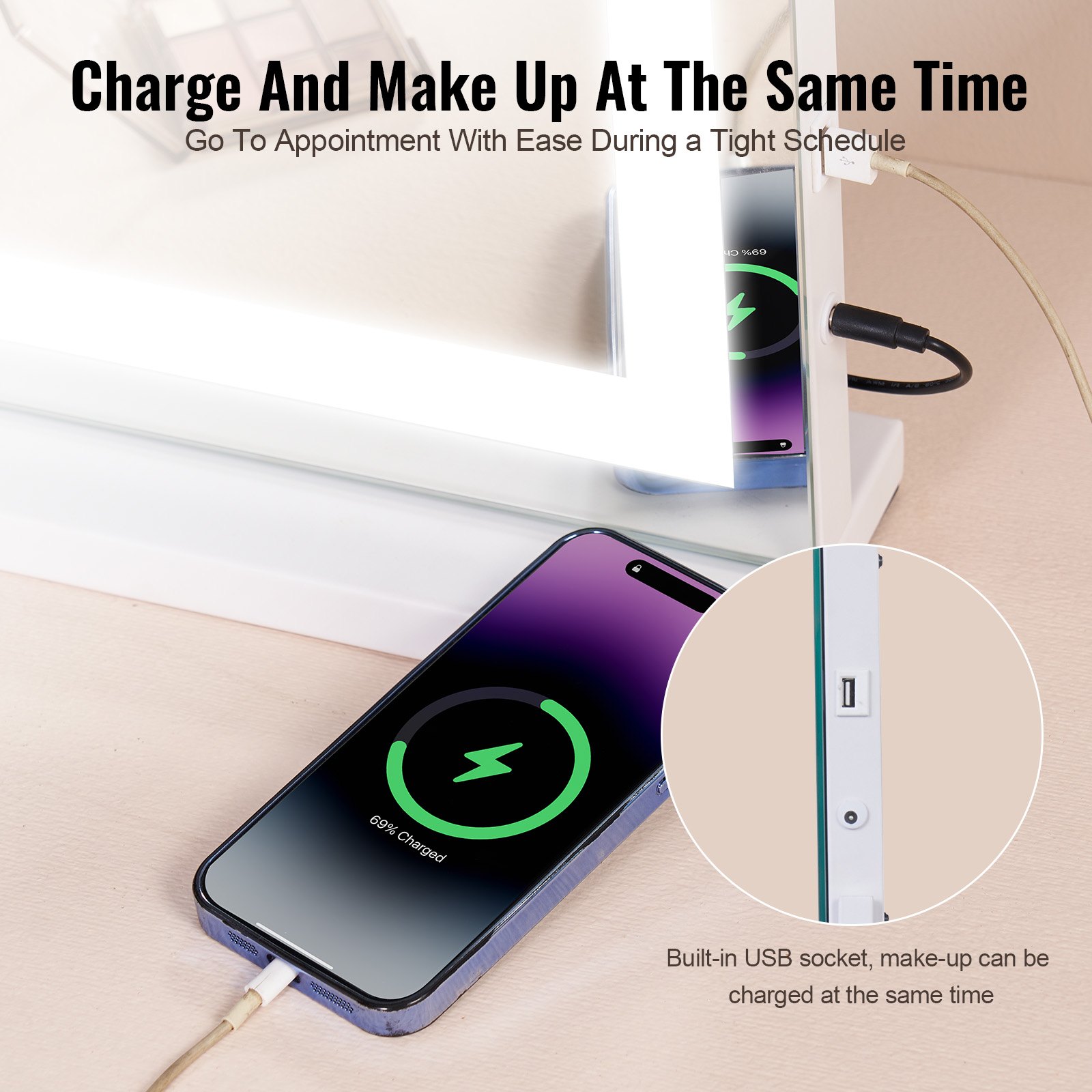 VEVOR Lighted Makeup Mirror 3 Color Vanity w/ USB Desktop Wall-mount 80x55.1 cm