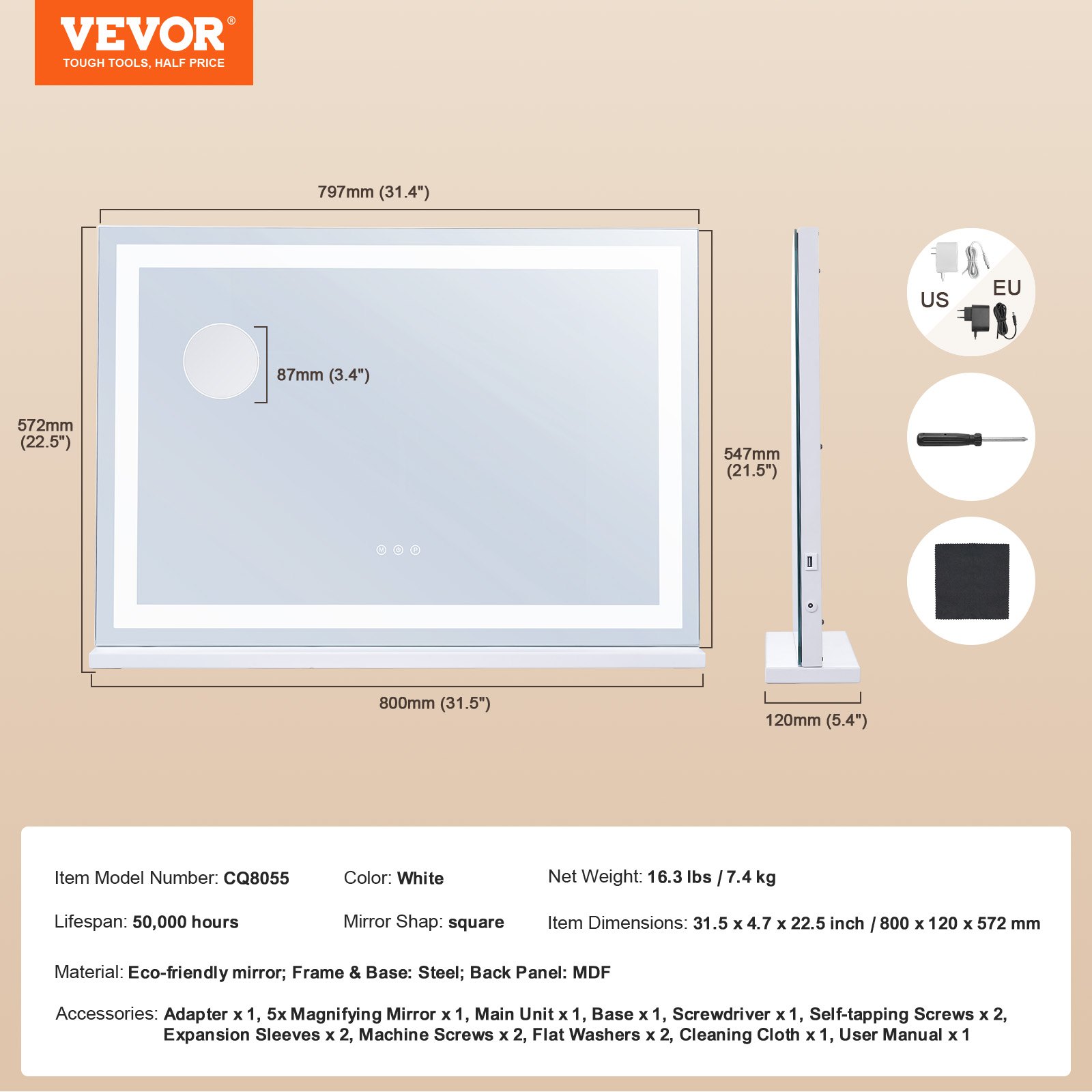 VEVOR Lighted Makeup Mirror 3 Color Vanity w/ USB Desktop Wall-mount 80x55.1 cm