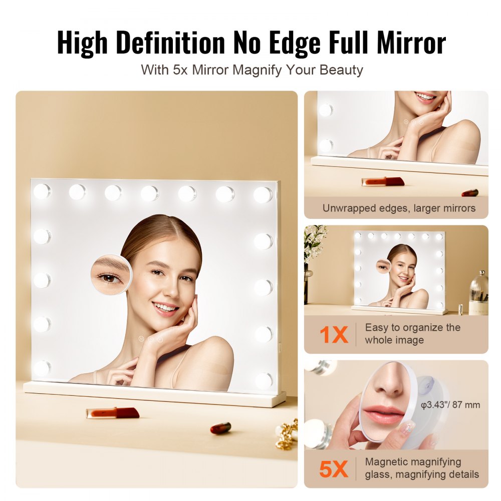 VEVOR Hollywood Vanity Mirror With Lights w/ USB Desktop Wall-mount 58x46 cm