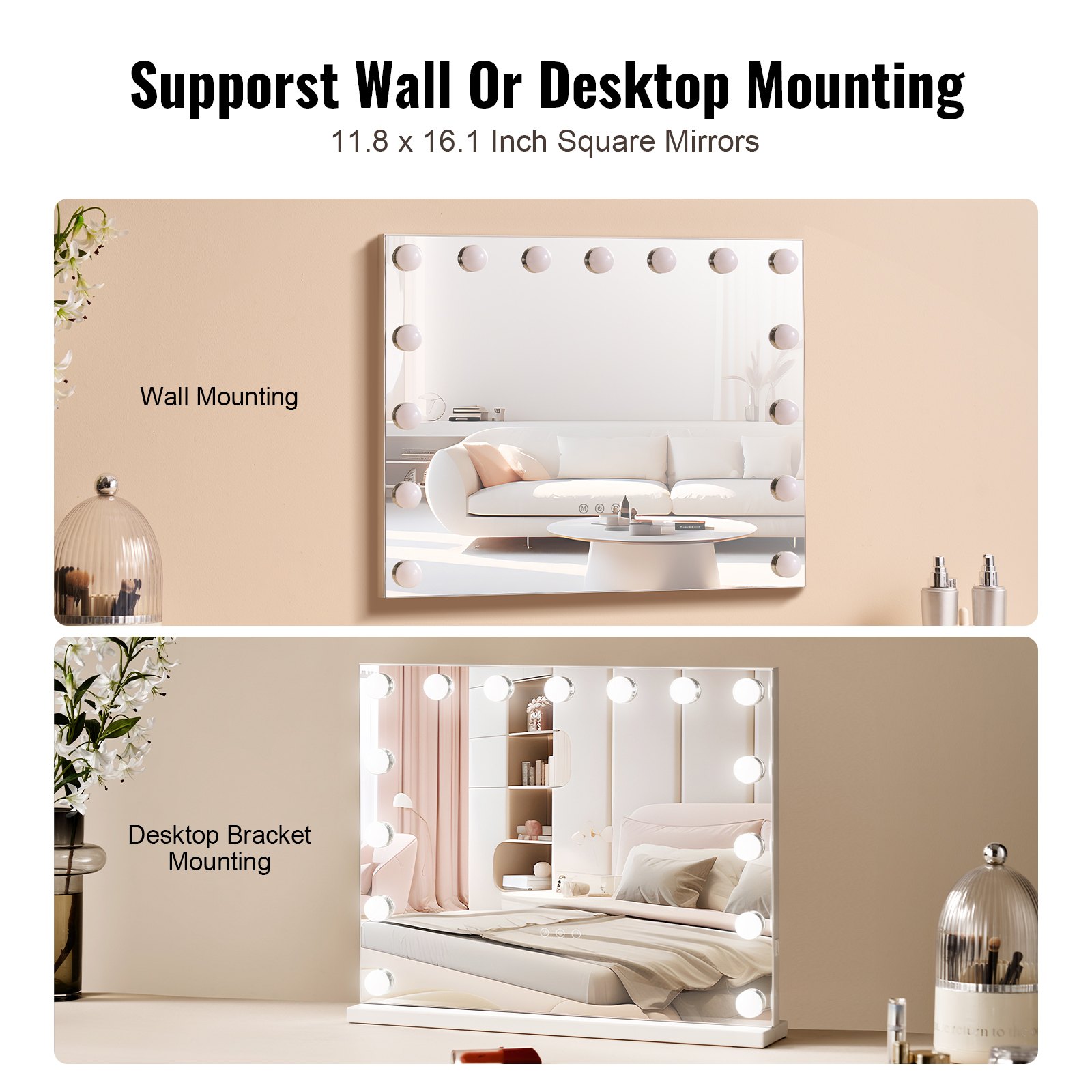 VEVOR Hollywood Vanity Mirror With Lights w/ USB Desktop Wall-mount 58x46 cm
