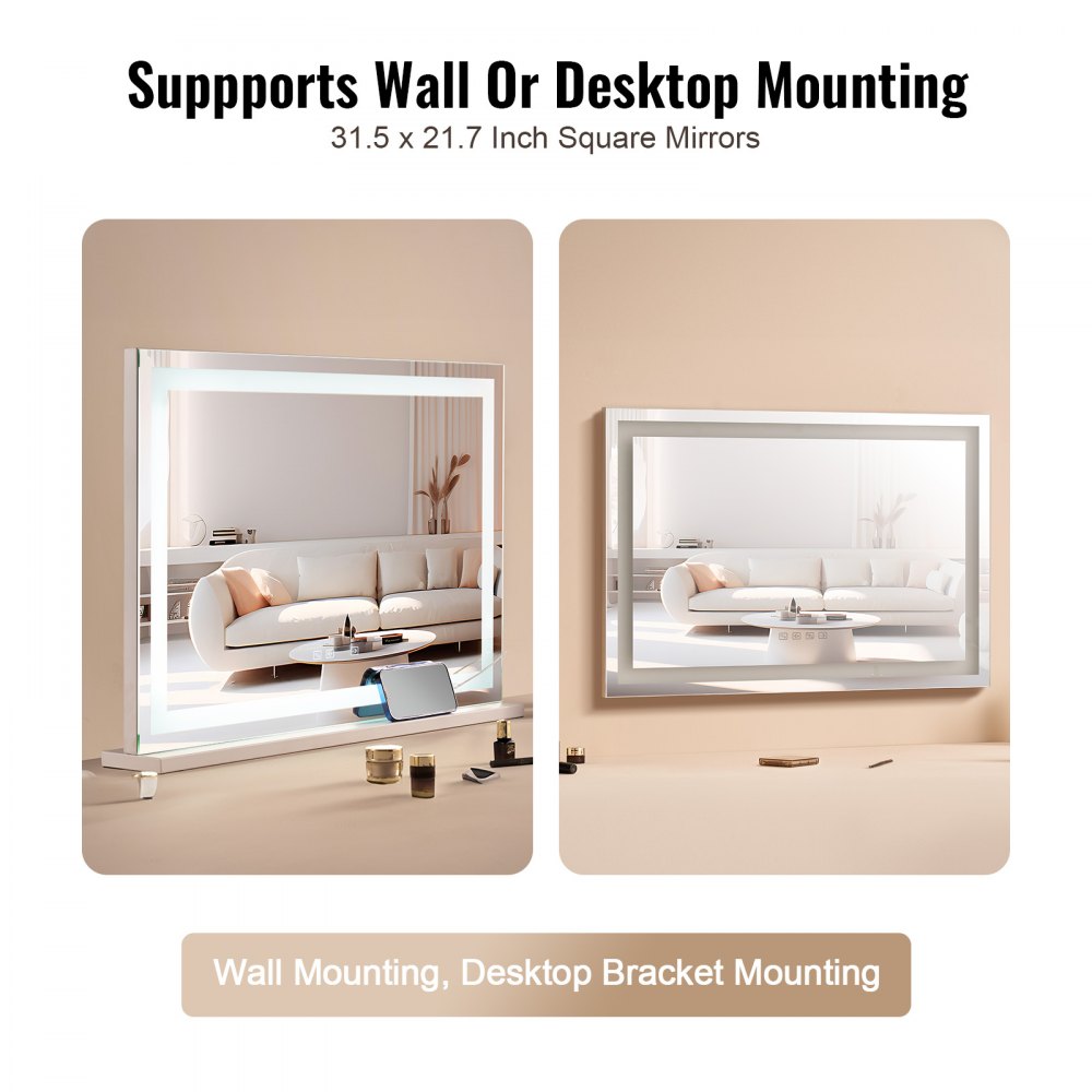 VEVOR Lighted Makeup Mirror 3 Color w/ Bluetooth USB Desktop Wall-mount 55.1 cm