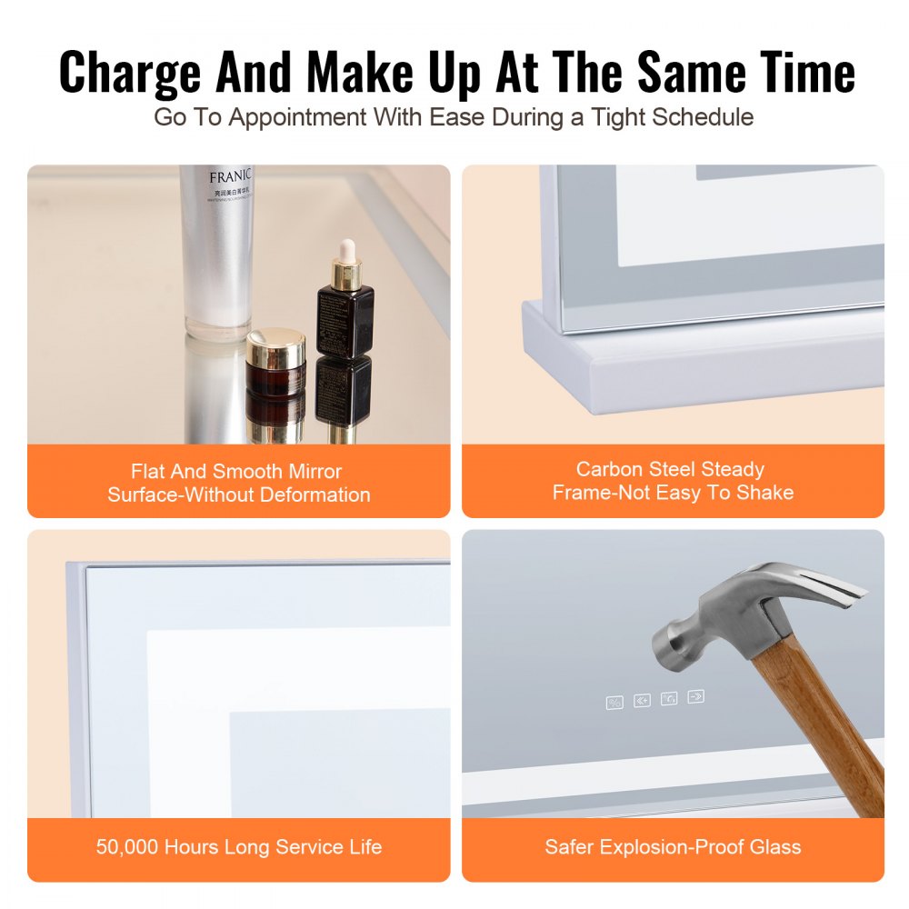 VEVOR Lighted Makeup Mirror 3 Color w/ Bluetooth USB Desktop Wall-mount 55.1 cm