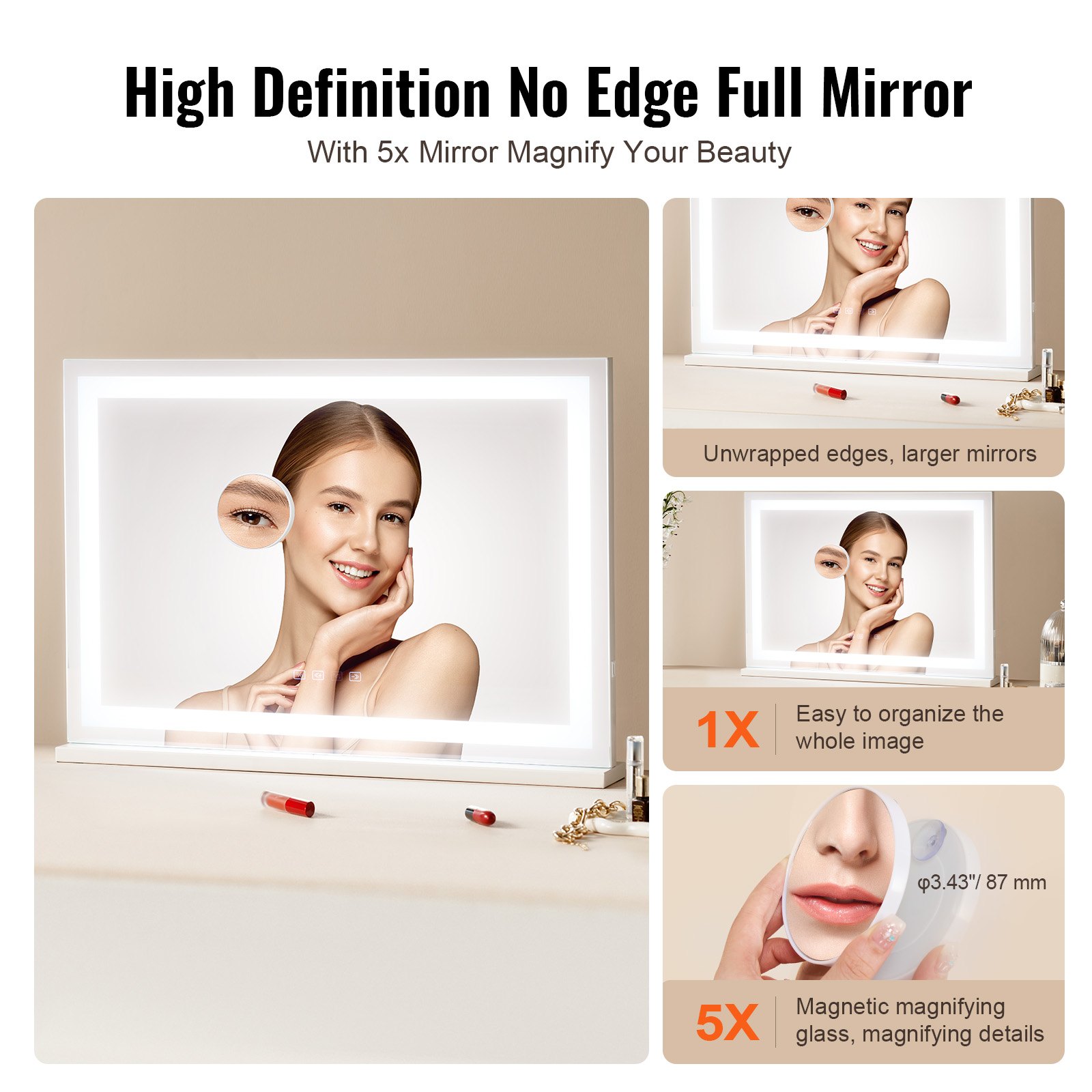 VEVOR Lighted Makeup Mirror 3 Color w/ Bluetooth USB Desktop Wall-mount 55.1 cm