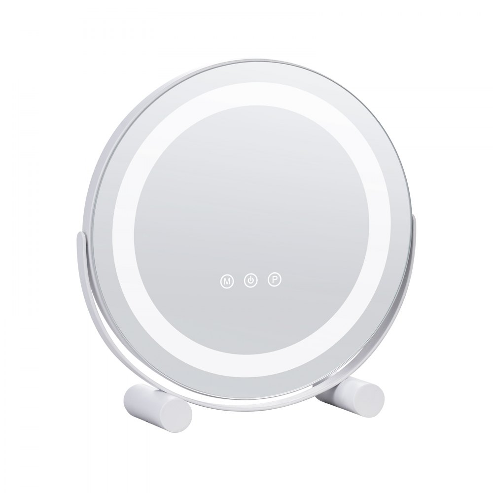 Espelho de maquiagem VEVOR de 12” com luzes, espelho de maquiagem LED, 3 modos de iluminação de cores, com ampliação de 5x, controle de toque inteligente, rotação de 360°, espelho de maquiagem redondo iluminado para mesa de quarto (branco)