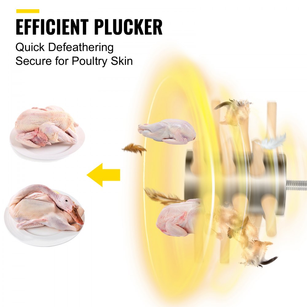 VEVOR chicken plucker for efficient poultry skin defeathering, showing processed birds.