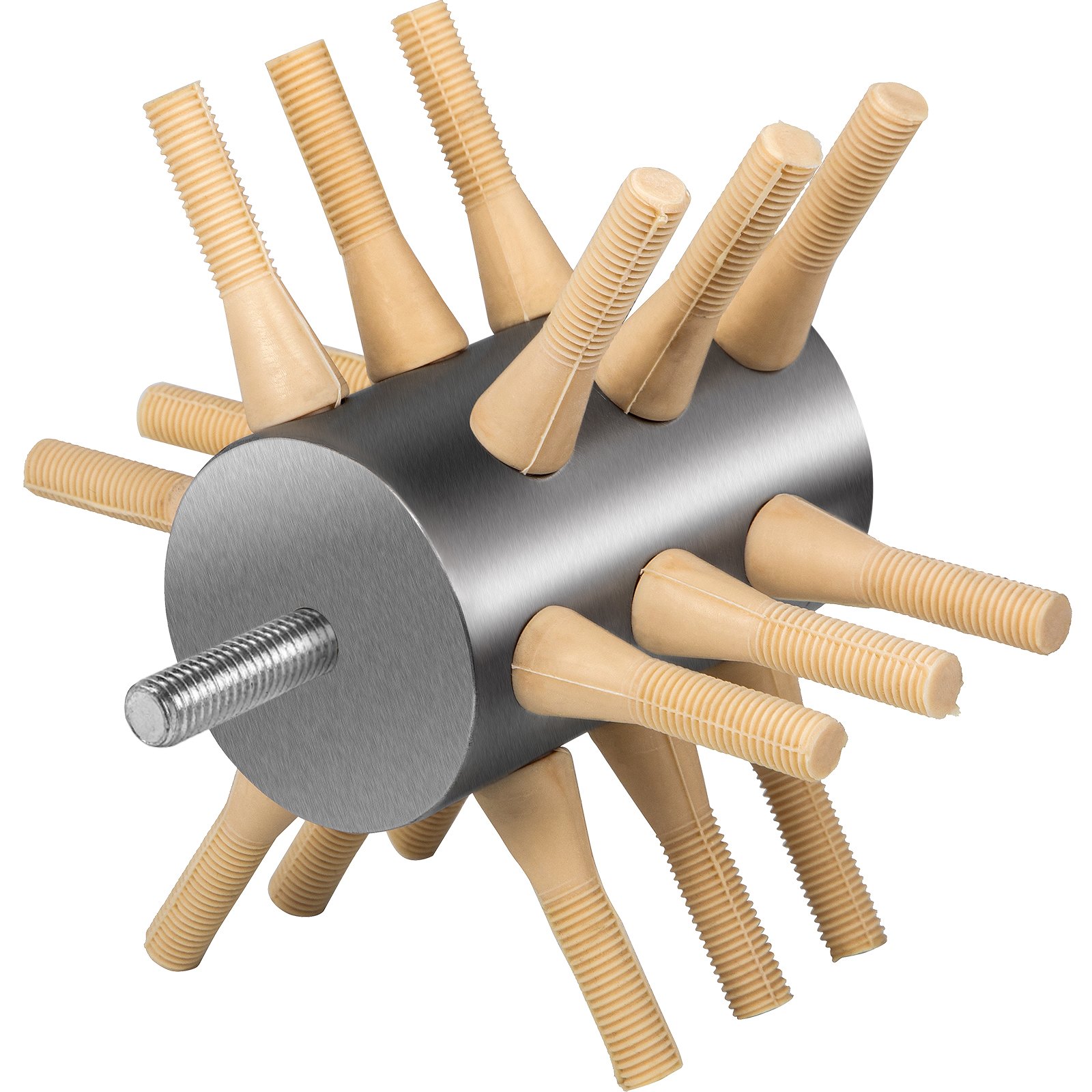 VEVOR chicken plucker with rubber plucking fingers on a stainless steel cylinder.