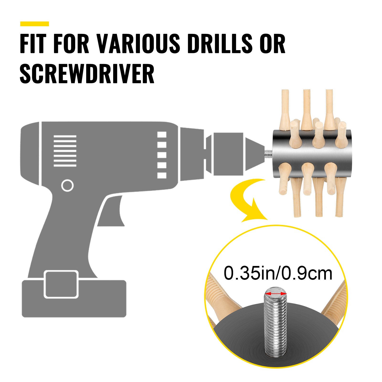VEVOR chicken plucker attachment for drills or screwdrivers, 0.35in/0.9cm size.