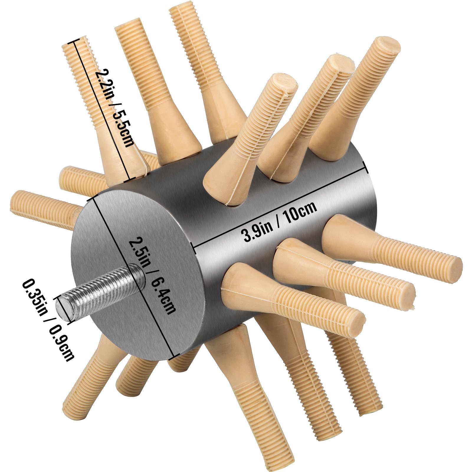 VEVOR chicken plucker with rubber fingers and stainless steel cylinder, dimensions displayed.