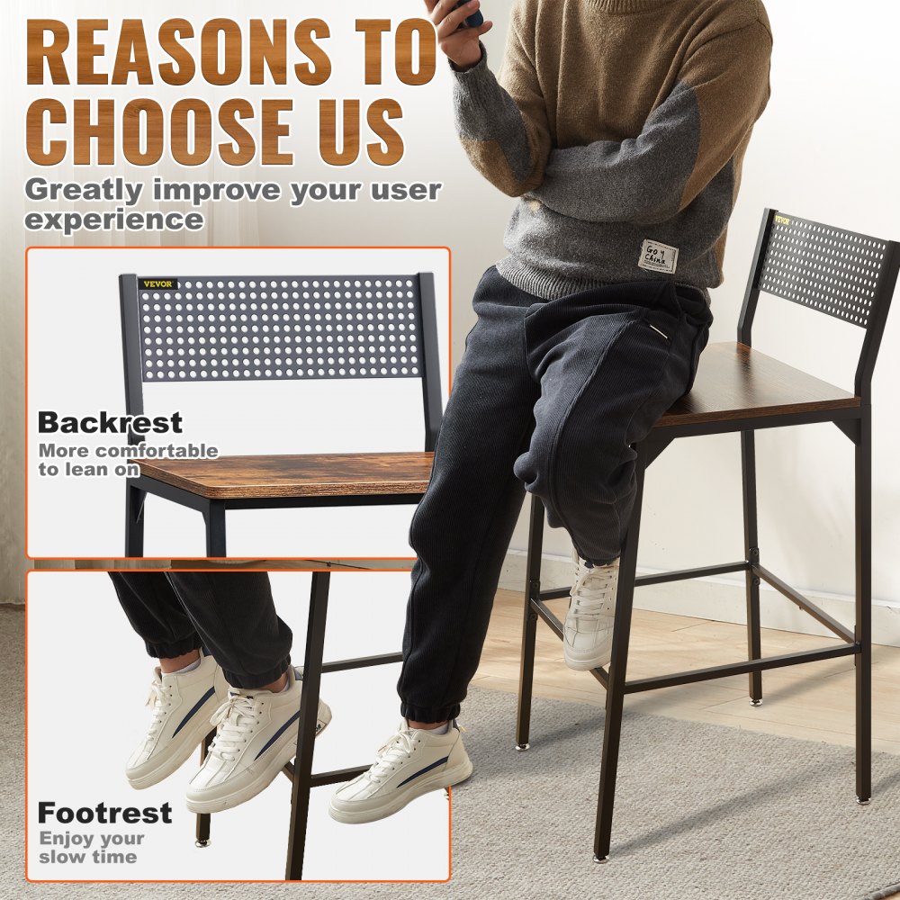 VEVOR Rustic Bar Stools Counter Height Square Bar Chairs with Backrest 29" 2 Set