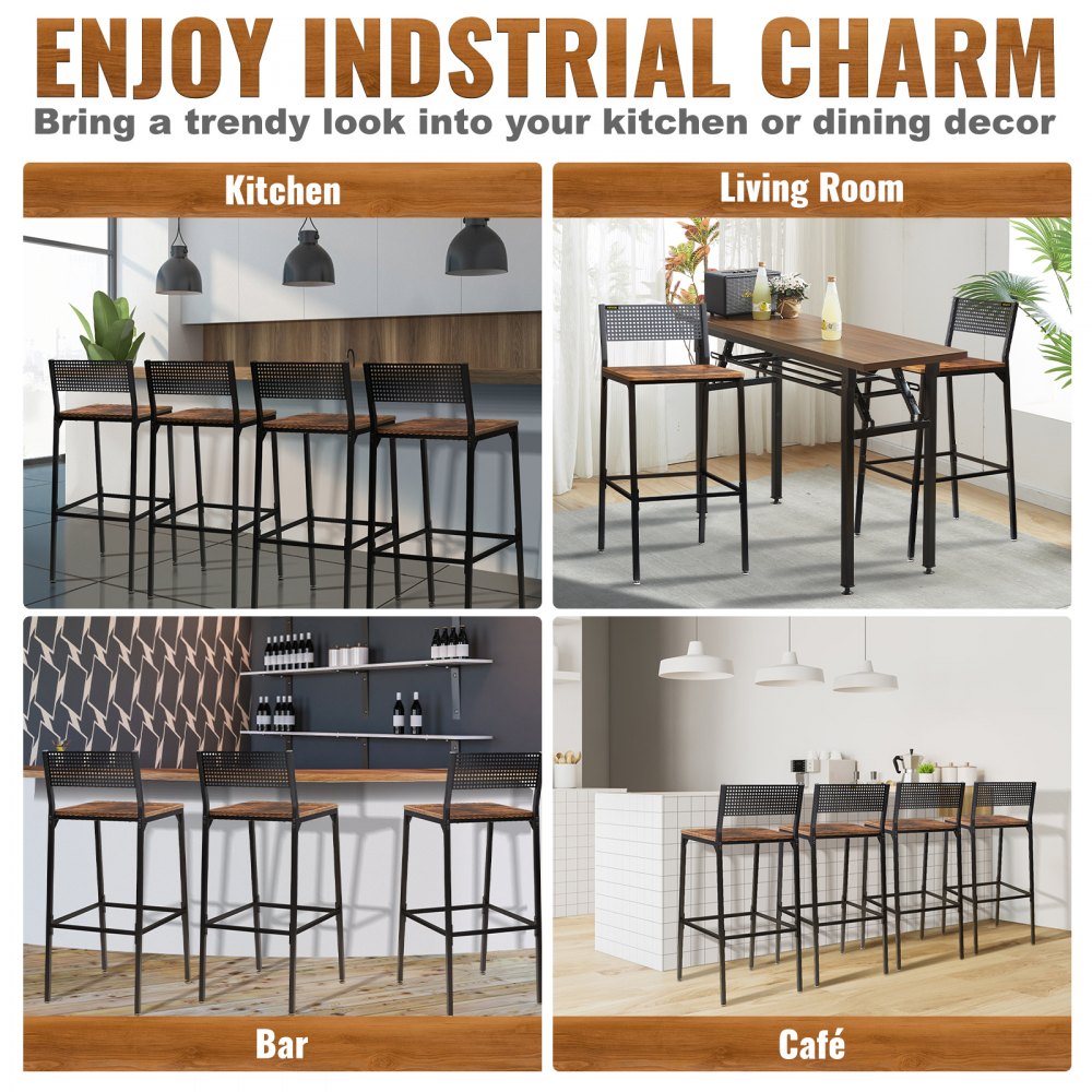 VEVOR Rustic Bar Stools Counter Height Square Bar Chairs with Backrest 29" 2 Set