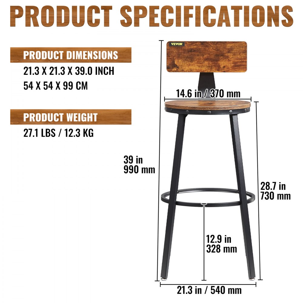 VEVOR rustic bar stools specifications with dimensions and weight, featuring a stylish wooden seat.