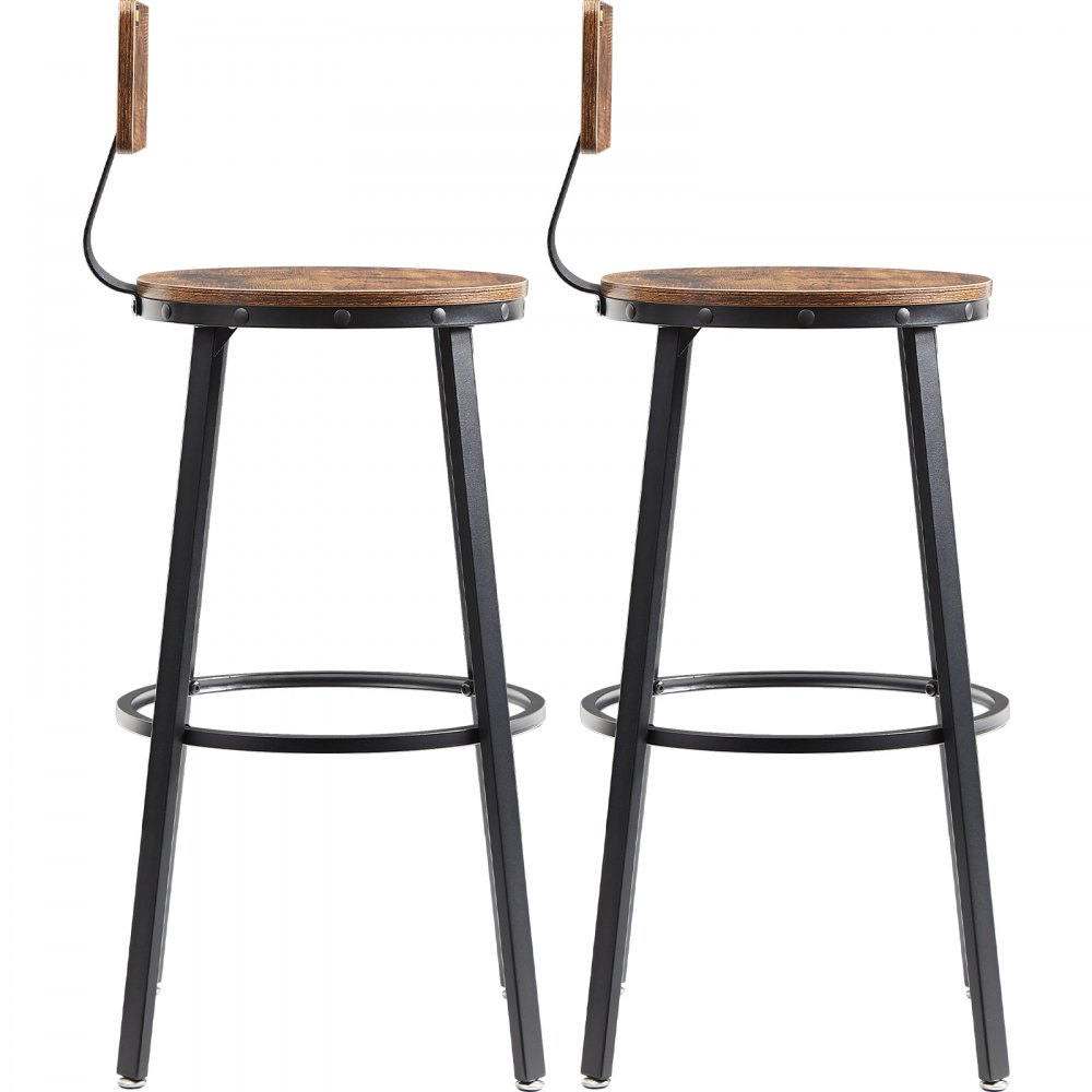 two VEVOR rustic bar stools with metal legs and wooden seats.