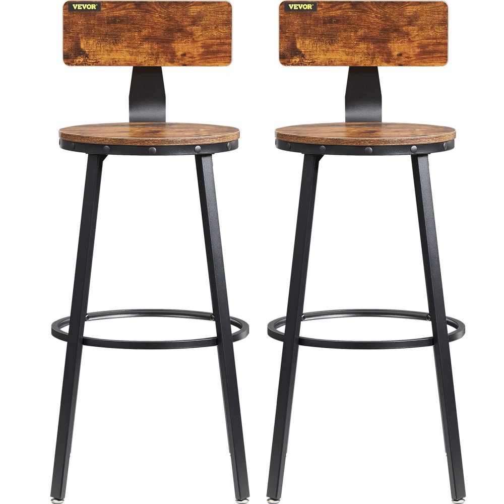 two VEVOR rustic bar stools with wooden seats, black metal frames, and backrests.