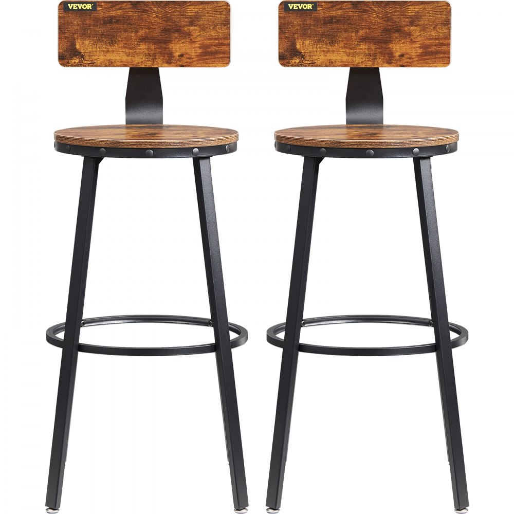 two VEVOR rustic bar stools with wooden seats and backrests, and black metal legs.