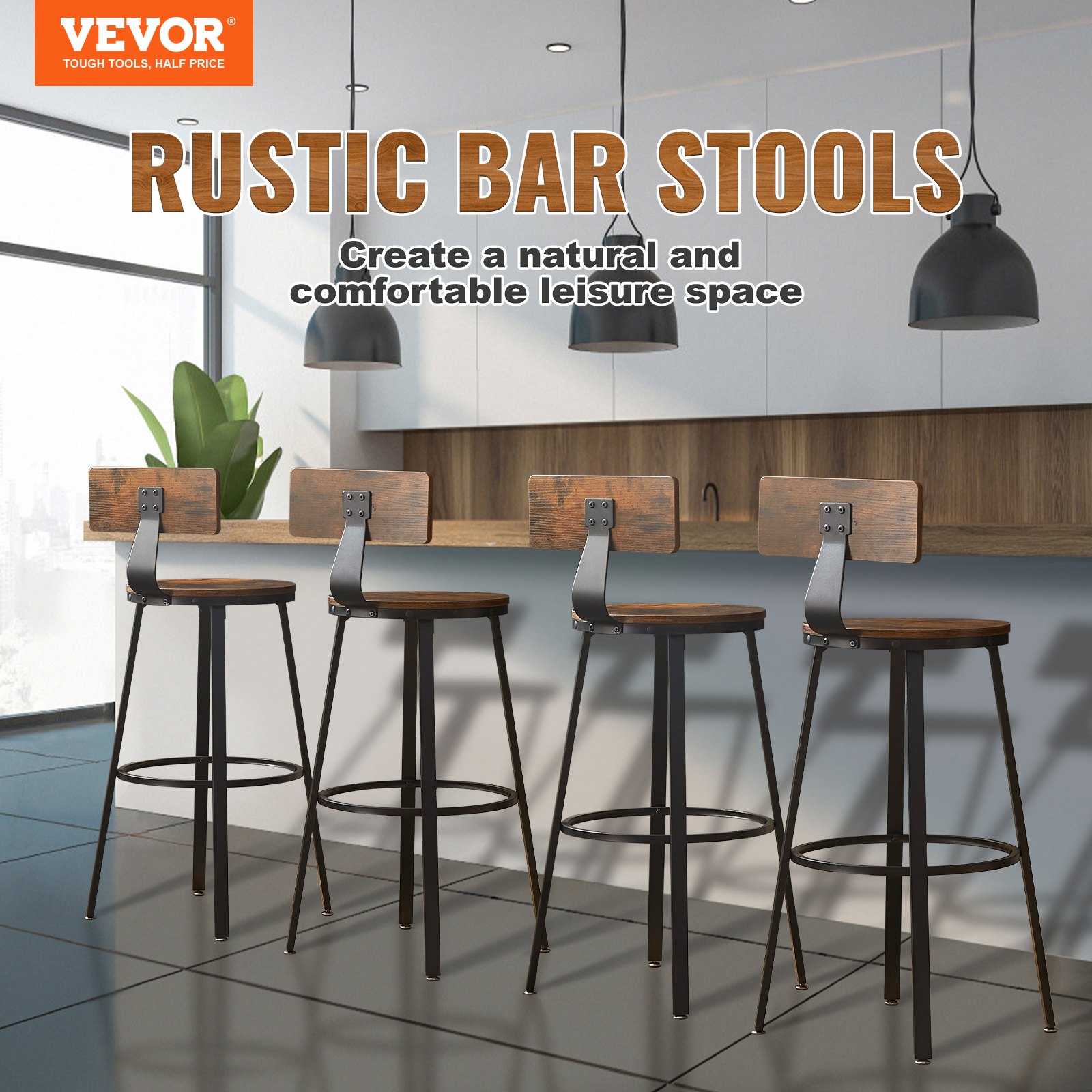 VEVOR rustic bar stools in modern kitchen with pendant lights and wooden counter.