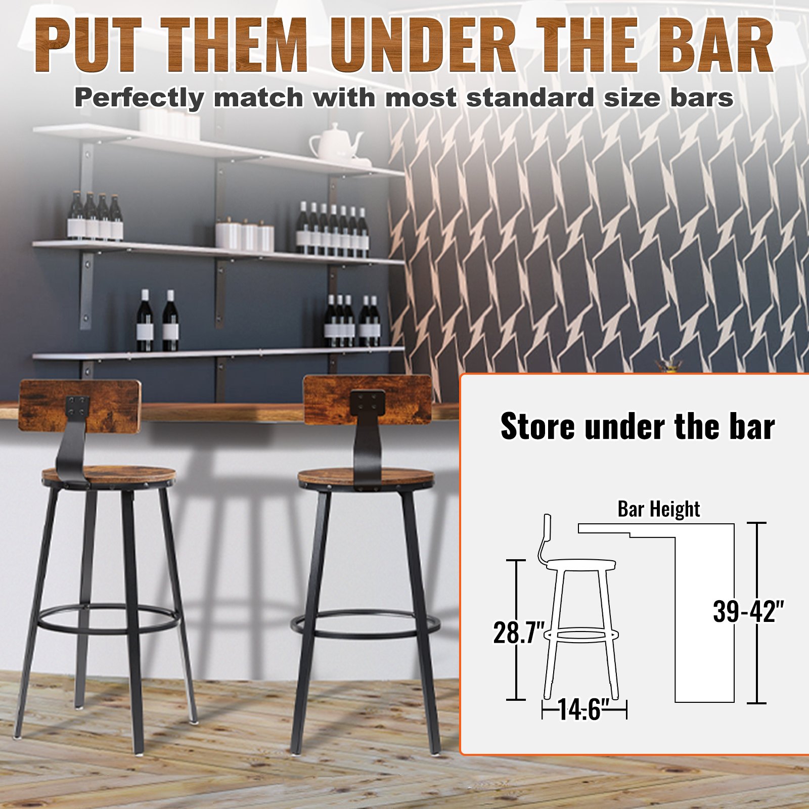 VEVOR rustic bar stools under a bar counter with shelves, wine bottles, and modern wall pattern.