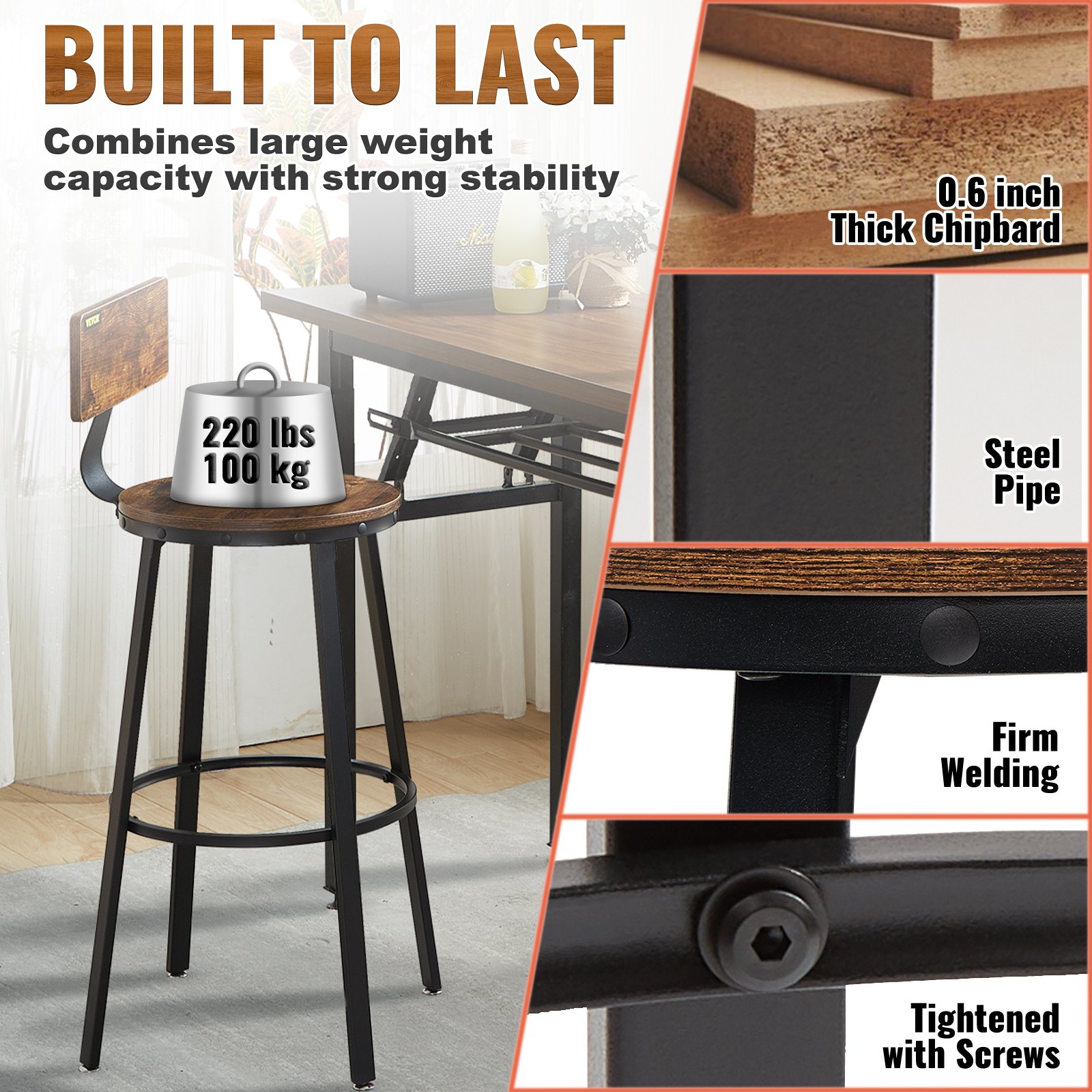 VEVOR rustic bar stools, durable design, 220 lbs capacity, steel pipe, firm welding, thick chipboard.