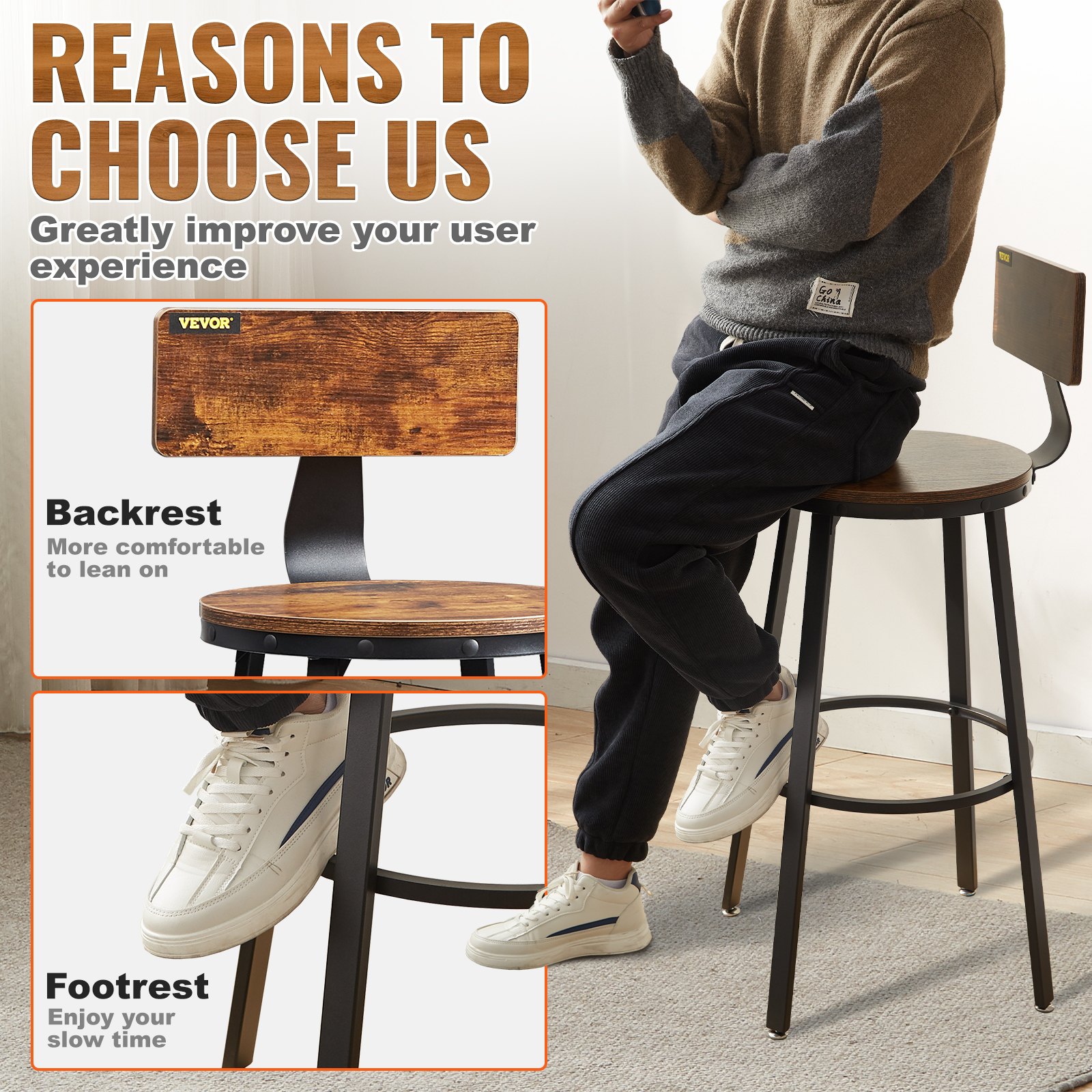 VEVOR rustic bar stools with backrest and footrest for enhanced comfort, showcasing a seated person.