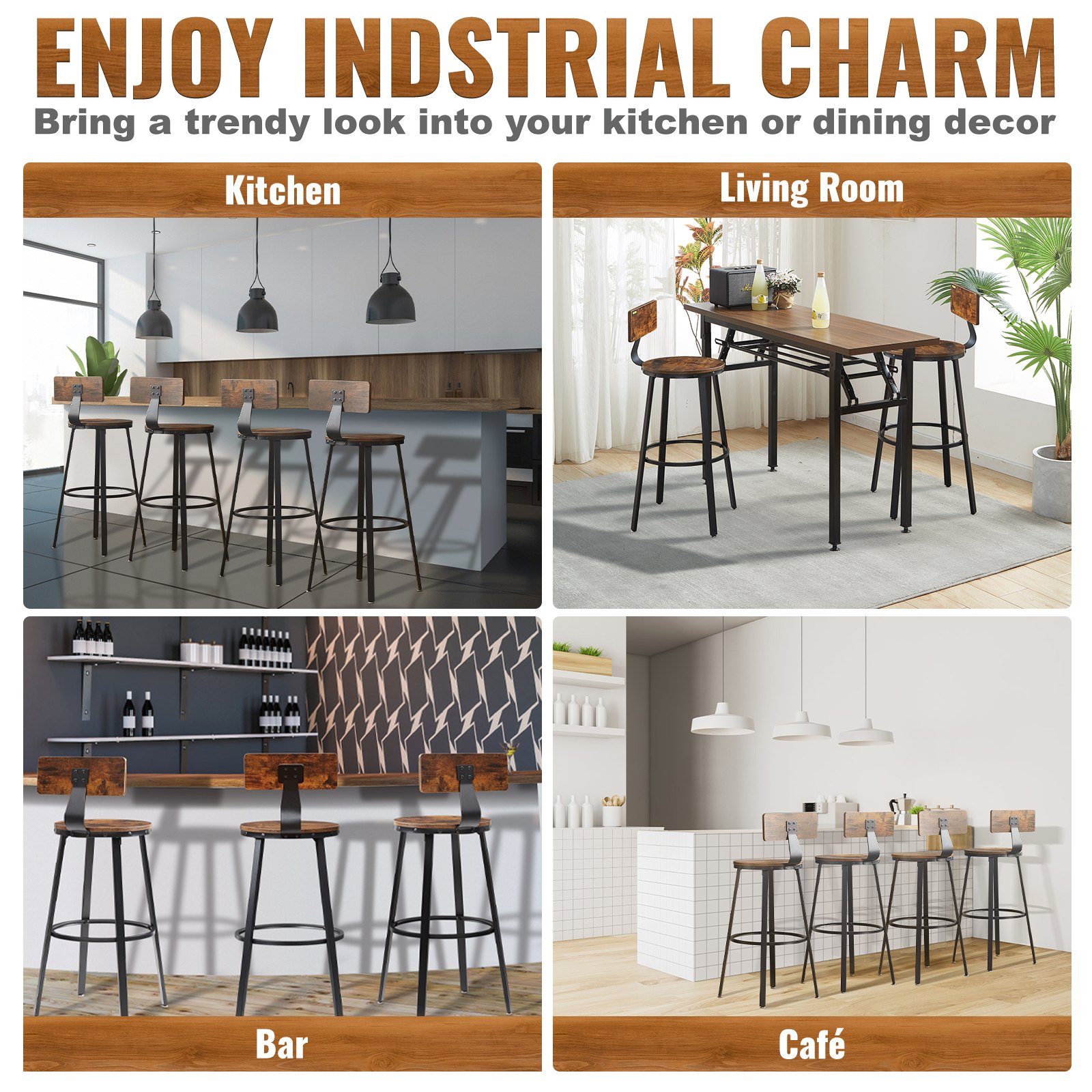 VEVOR rustic bar stools in kitchen, living room, bar, and café setups, showcasing industrial charm.