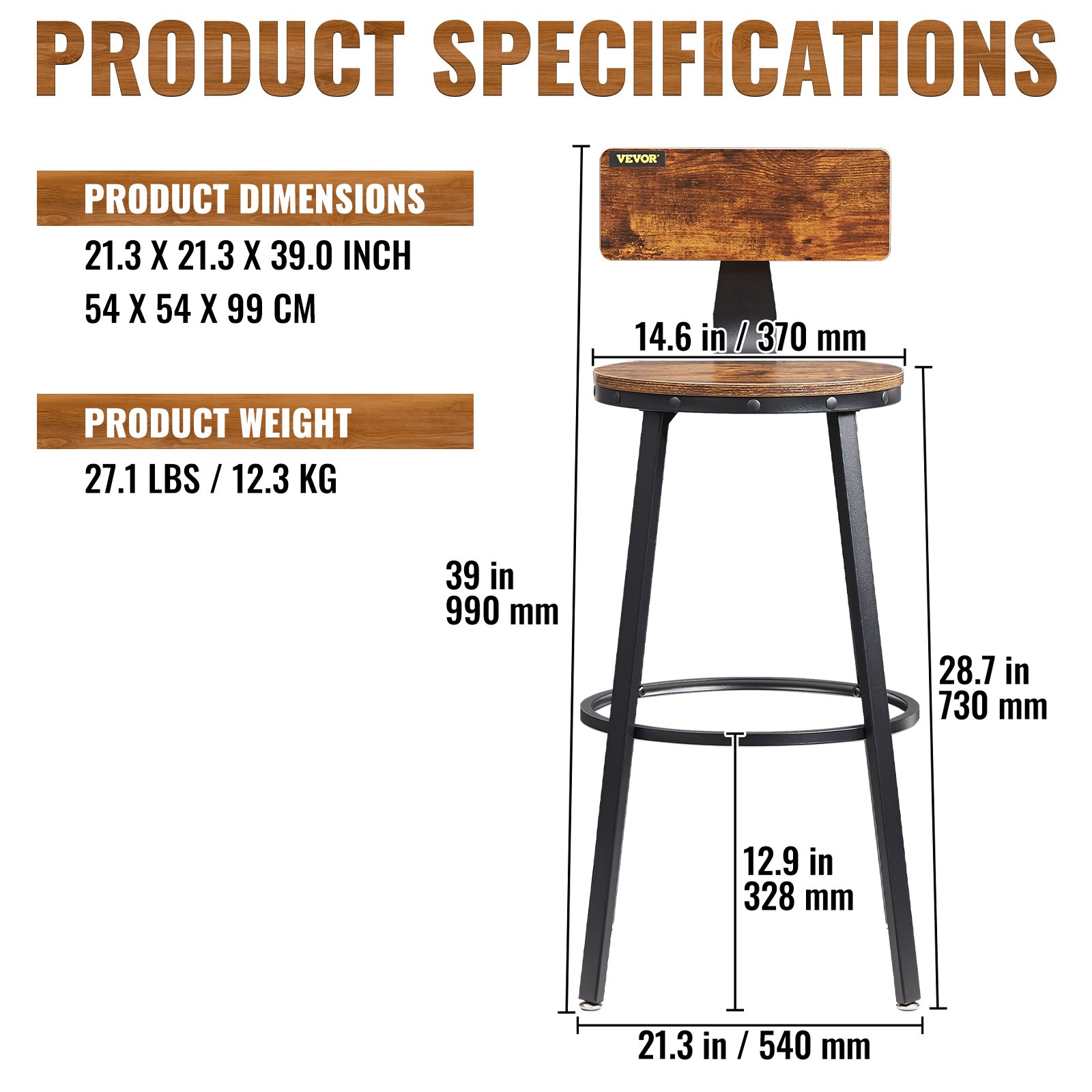 VEVOR rustic bar stools specifications with dimensions and weight, featuring a stylish wooden seat.