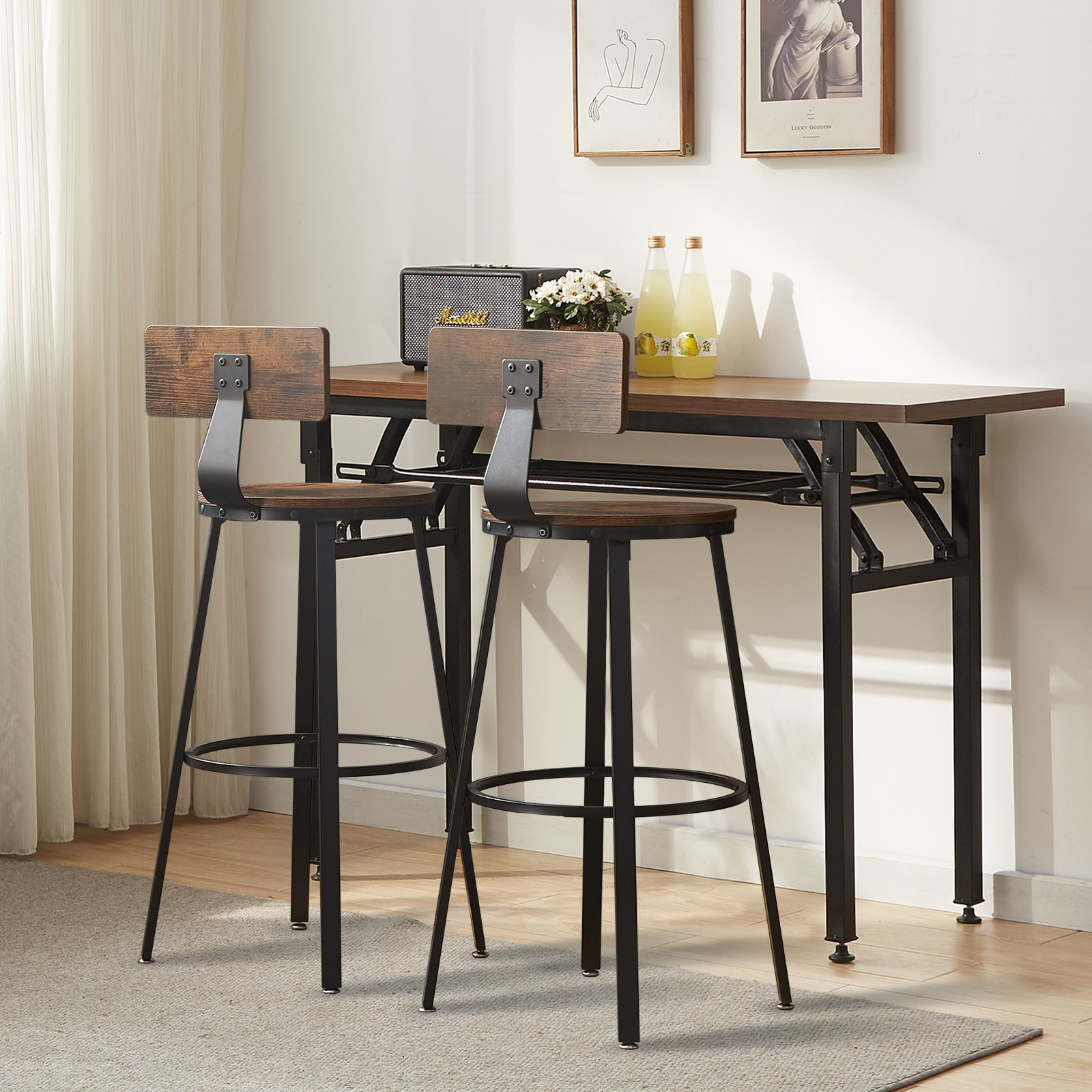 VEVOR rustic bar stools with wooden seats and backs next to a tall table with decorations.