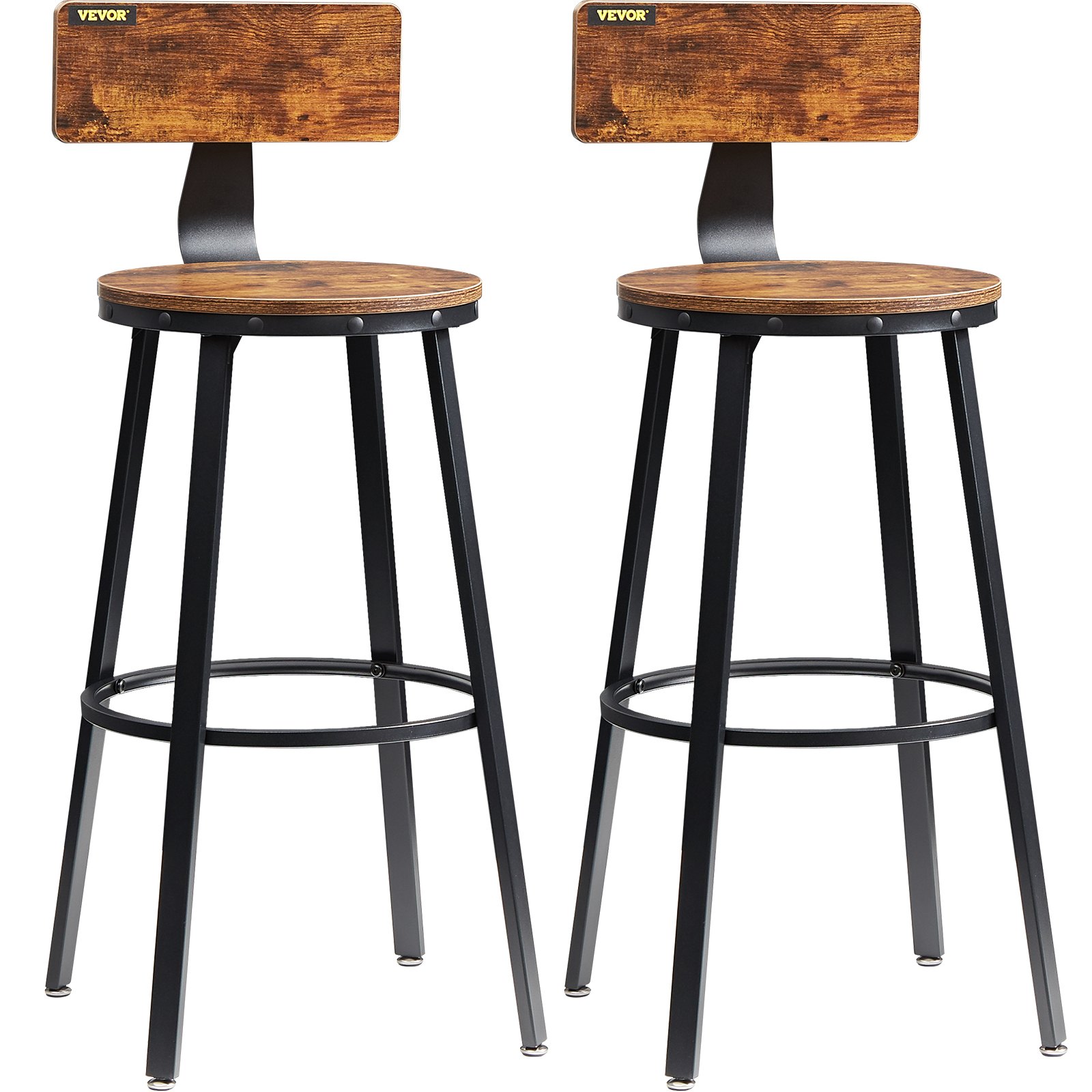 two VEVOR rustic bar stools with wooden seats and backs, black metal legs, and a footrest ring.