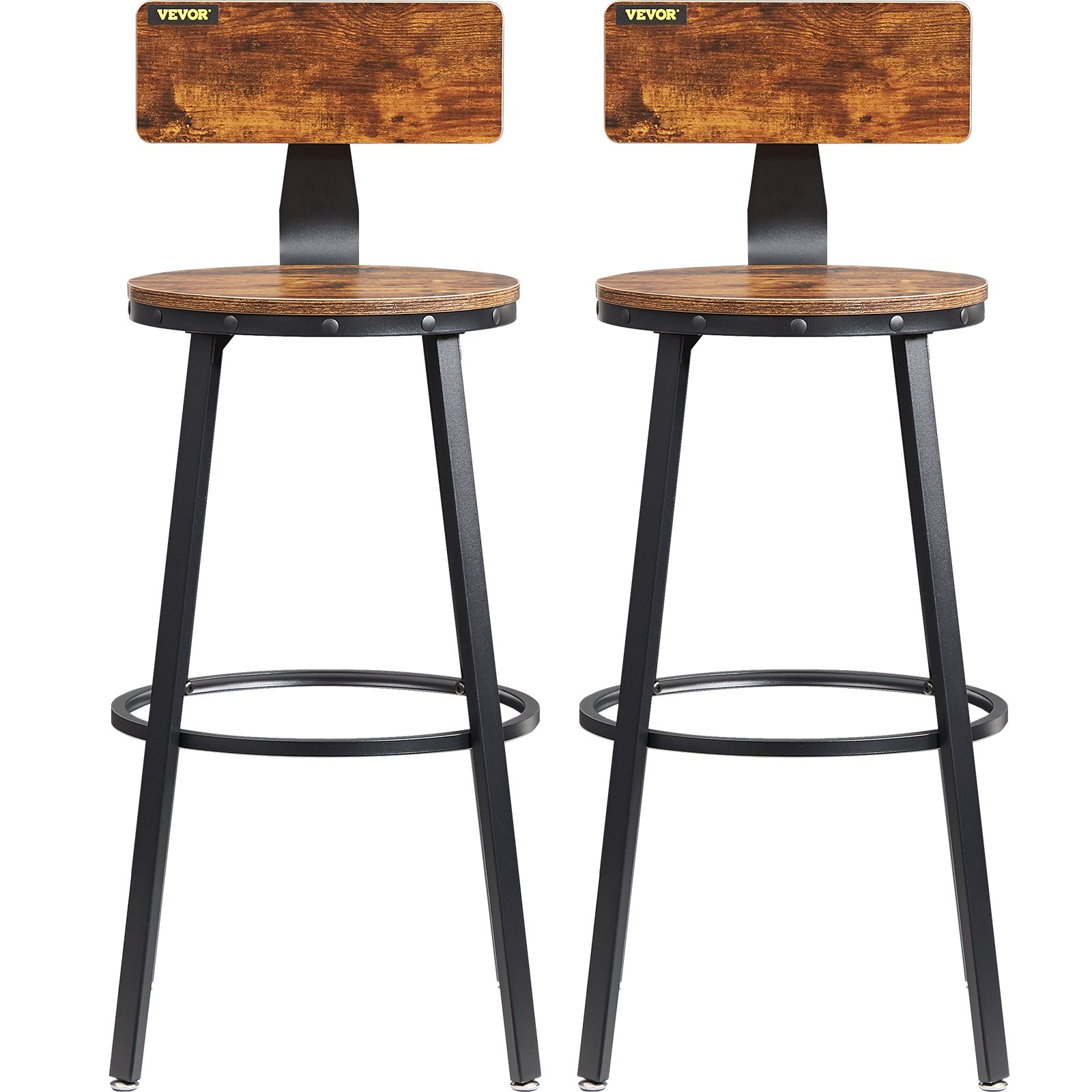 two VEVOR rustic bar stools with wooden seats, black metal frames, and backrests.